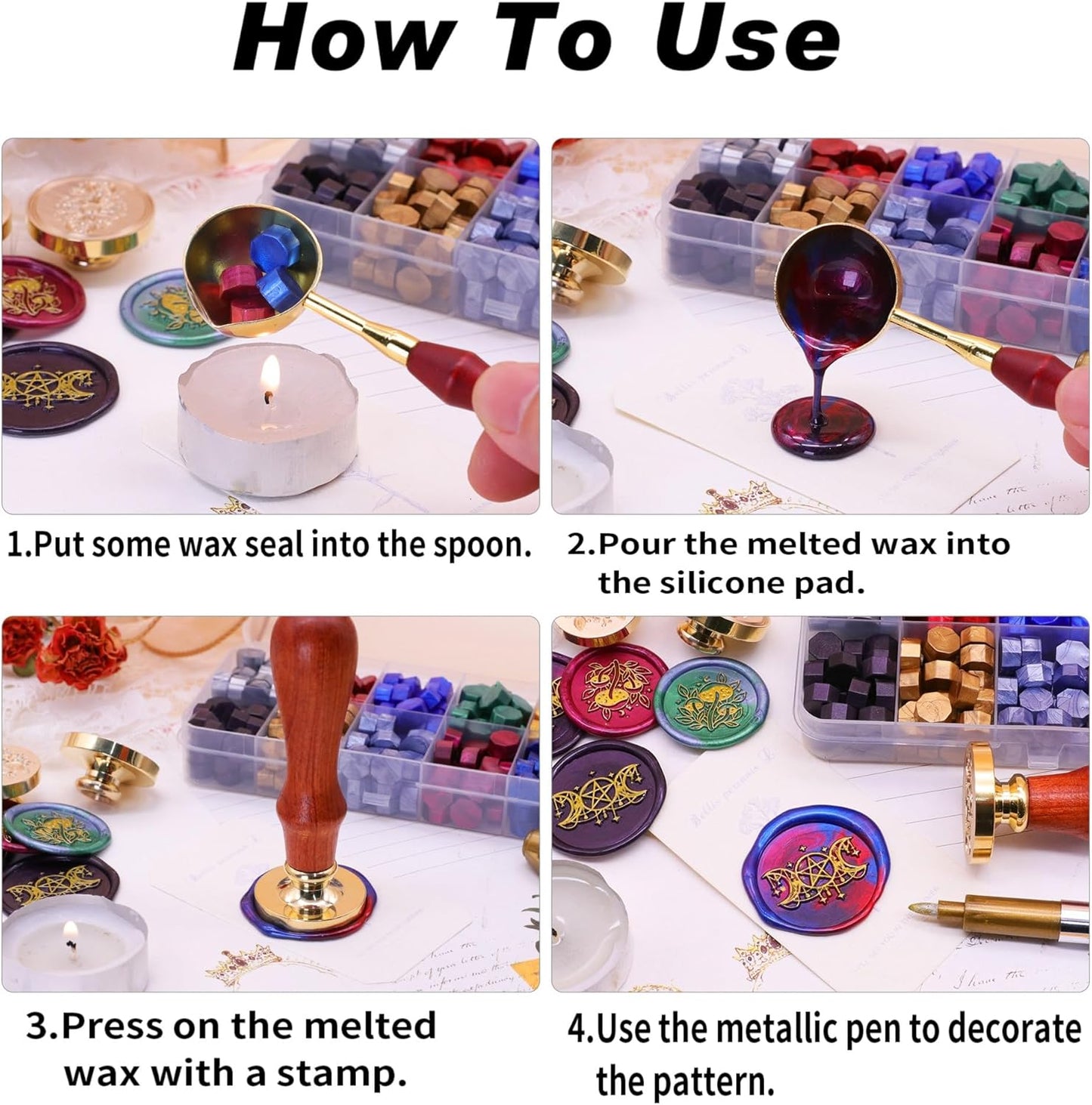 SWANGSA Wax Seal Kit, 3D Flower Stamp with 200pcs Sealing Wax Beads, Great for Embellishment of Wedding Invitations, Wine Packages, Gift Wraps