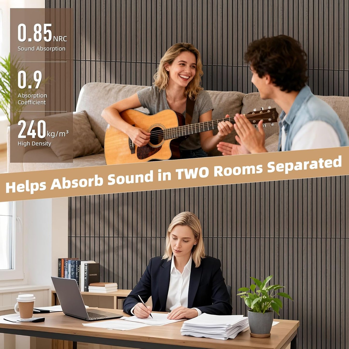 TO-TH Wood-Look Acoustic Panel, 4 Pack 47.2” x 23.6” Soundproof Wall Panels, Decorative Sound Absorbers Large Acoustic Panels for Home, Office, Basement, Walnut