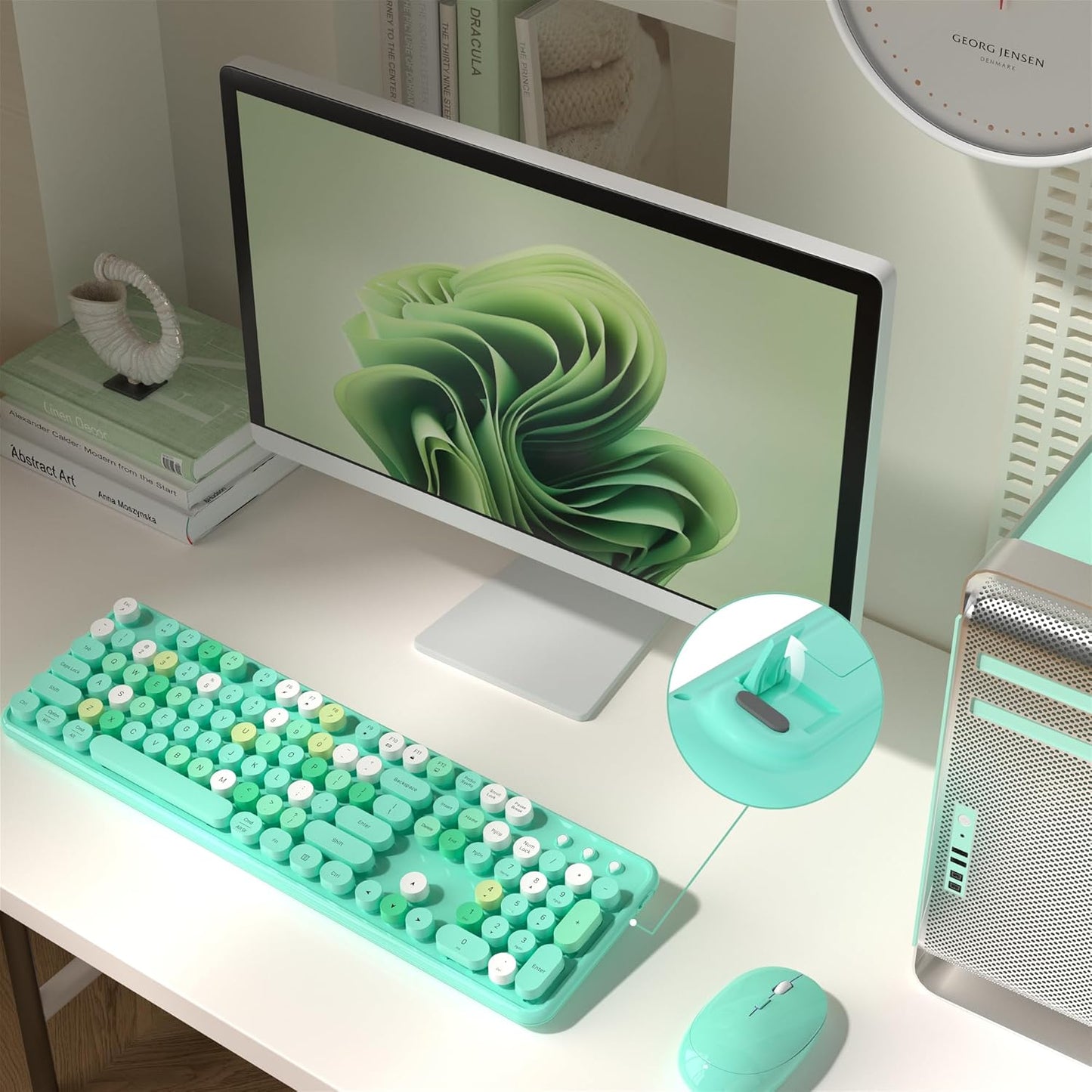 Colorful Wireless Computer Keyboard and Mouse Combo with Round Typewriter Keycaps, Retro Design, Power Switch, Ergonomic Design, 2.4GHz Wireless for Windows, Mac, PC(Green-Colorful)