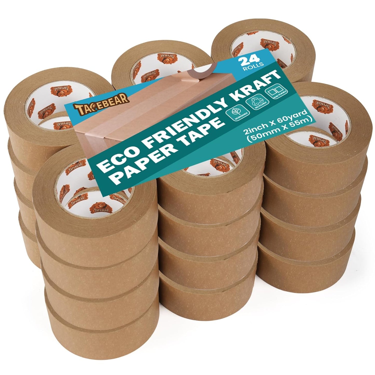 Eco-Friendly Kraft Paper Tape, Biodegradable Kraft Paper Tape, Recyclable Writable Packing Tape, Non-Coated Surface for Masking, Sealing, 2inch x 60yards, 24Rolls