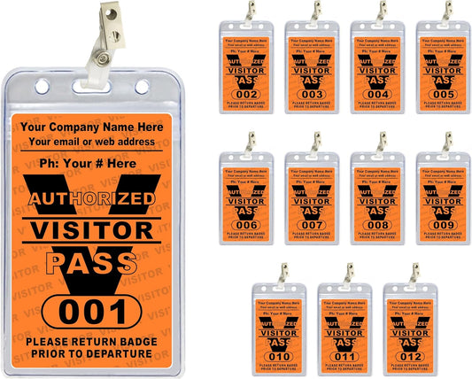 Visitor Pass Badges - PVC Plastic (Custom Printed with Your Company Name & Number) Available in 12, 36, 60 and 108 Piece Sets - Made in The U.S.A. Orange