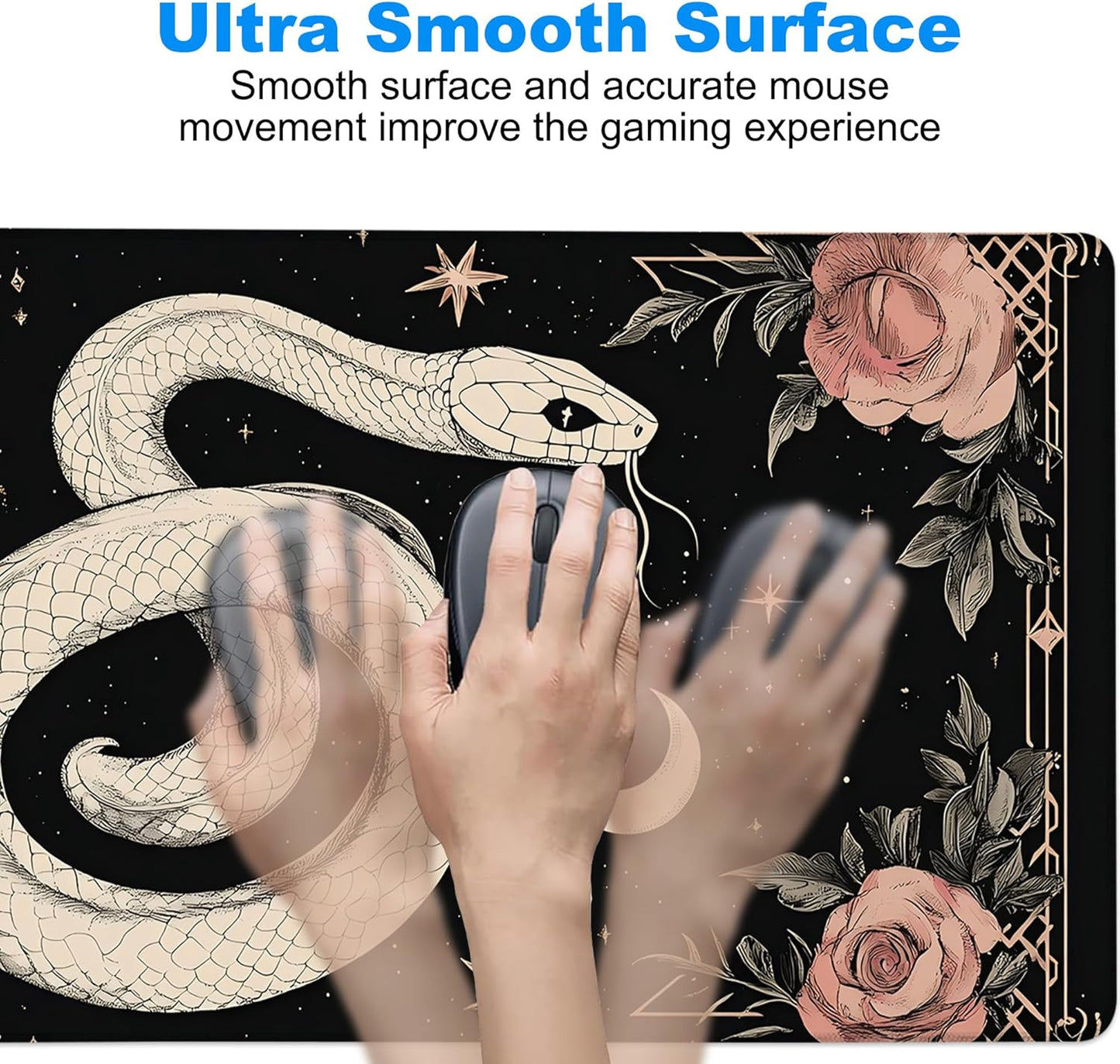Desk Mat, Boho Gothic Snake and Pink Rose Large Gaming Mouse Pad with Non-Slip Base Stitched Edges,Desk pad for Keyboard and Mouse Home Office 35.4"x15.7"