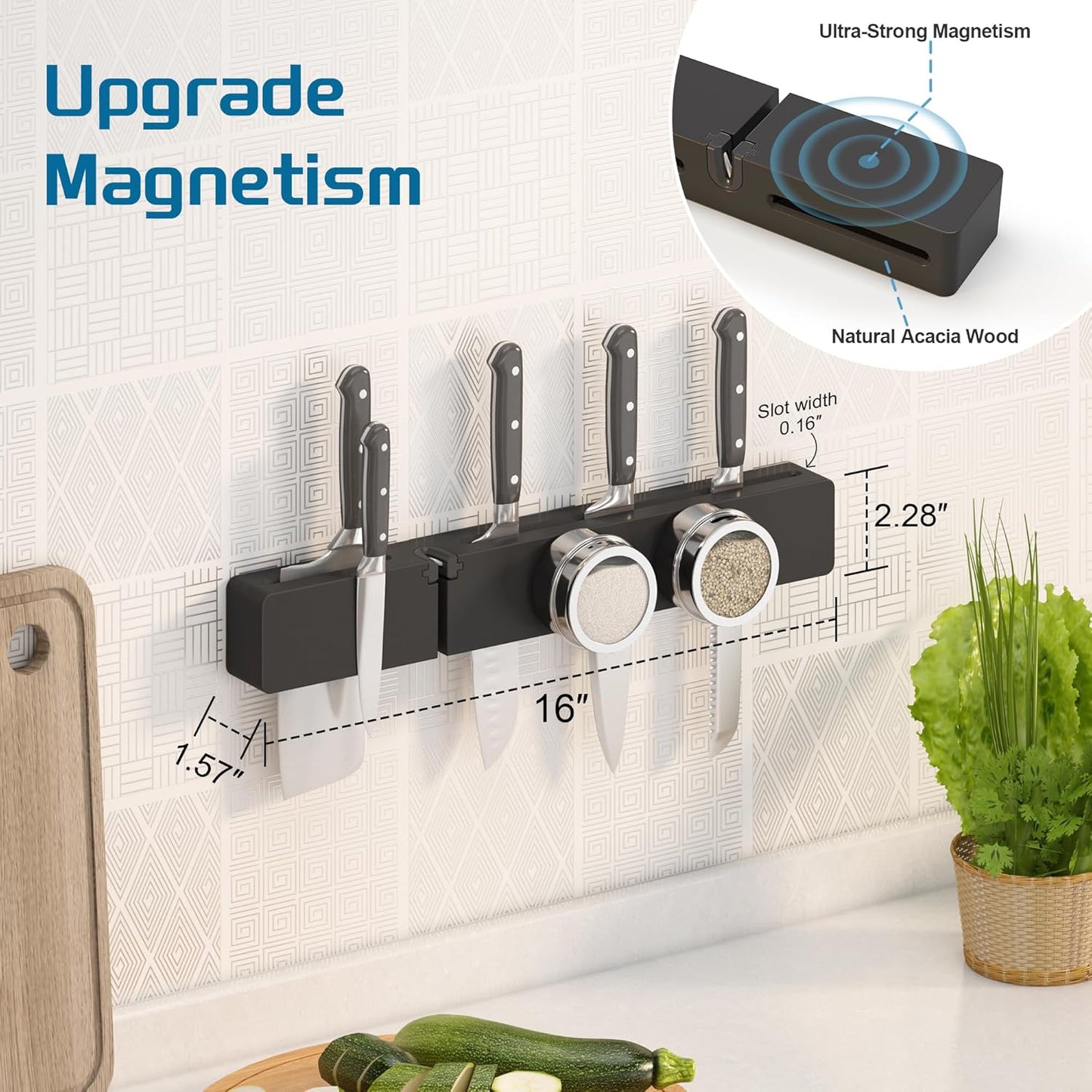 Magnetic Knife Holder for Wall, Acacia Wood Knife Magnetic Strip No Drill Knife Magnet Storage Bar Magnetic Tool Key Holder Strip for Kitchen Utensil Organizer (Black, 16 Inch Large)
