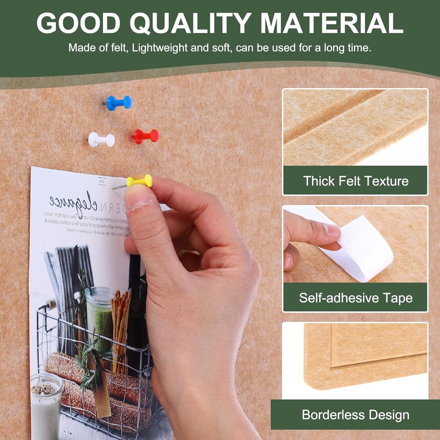 YOKIVE Felt Bulletin Board, 24 x 15.7 -Inch Foldable Decorative Pin Board Self Adhesive Felt Cork Board with 20 Pushpins, Great for Wall, Photo Display, Paste Note, Schedule(Beige Brown)