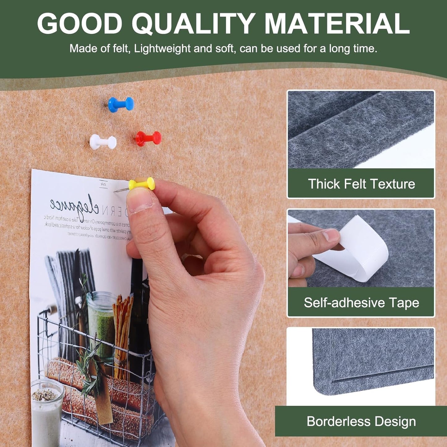 YOKIVE Felt Bulletin Board, 48 x 36 -Inch Foldable Decorative Pin Board Self Adhesive Felt Cork Board with 20 Pushpins, Great for Wall, Photo Display, Paste Note, Schedule(Gray)