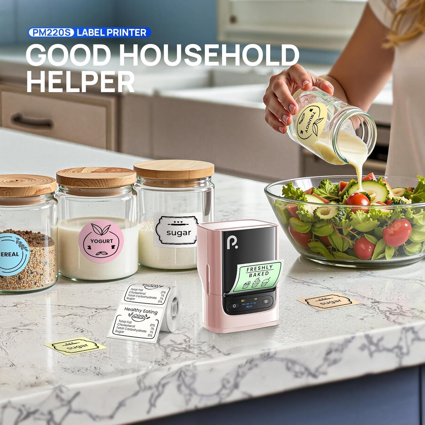 POLONO PM220S Label Maker Machine with Tape, 2 Inch Bluetooth Thermal Label Printer, Portable Sticker Printer for School, Office, Home, Business, Label Maker with 2'' x1.18'' Labels, Pink