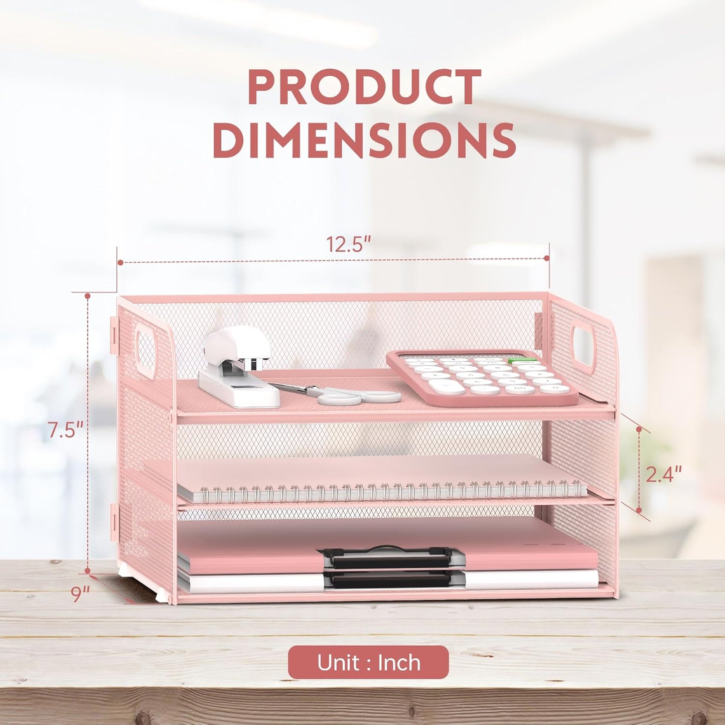 SUPEASY 3 Tier Paper Organizer with Handle, Mesh Desk Organizer Letter Tray, A4 File Folder Paper Tray, Pink