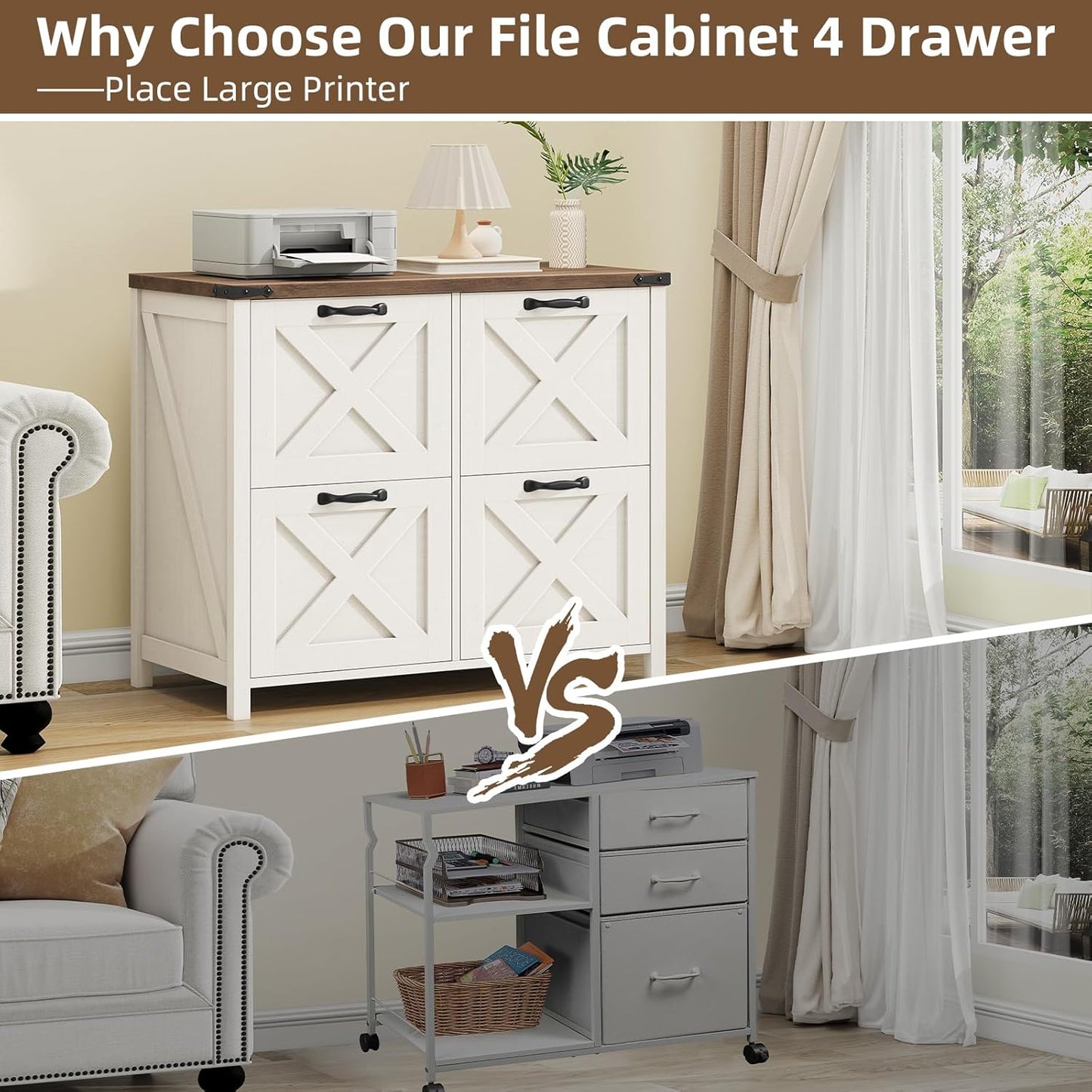 Lateral File Cabinet with 4 Drawers, Farmhouse File Cabinet for Letter/A4 Size Hanging Files, Large Wood File Storage Cabinets Printer Stand for Home Office Cabinets, Rustic White