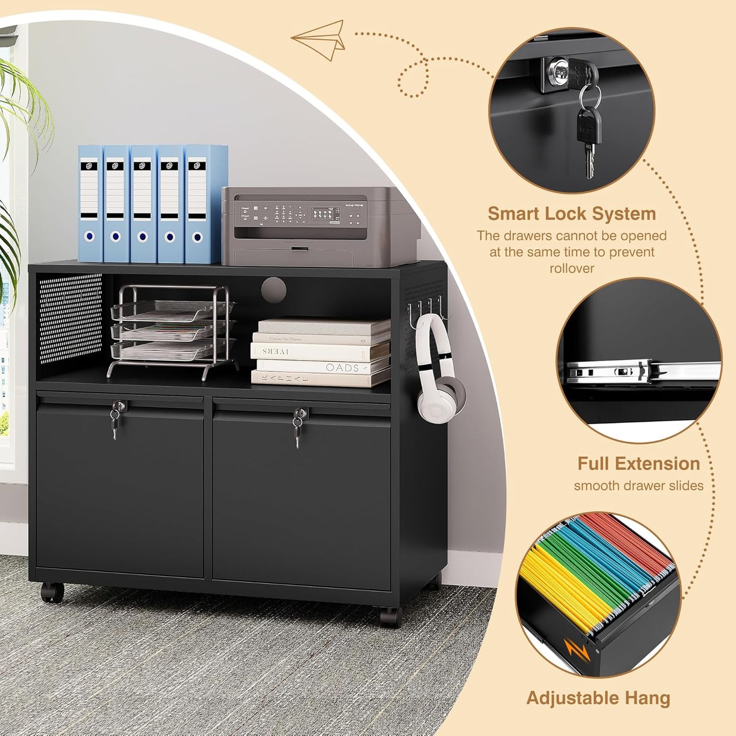 Mobile Filing Cabinet with Lock,Metal Lateral File cabinets Printer Stand with Storage Cabinets for Home Office,A4/F4/Letter (Black)