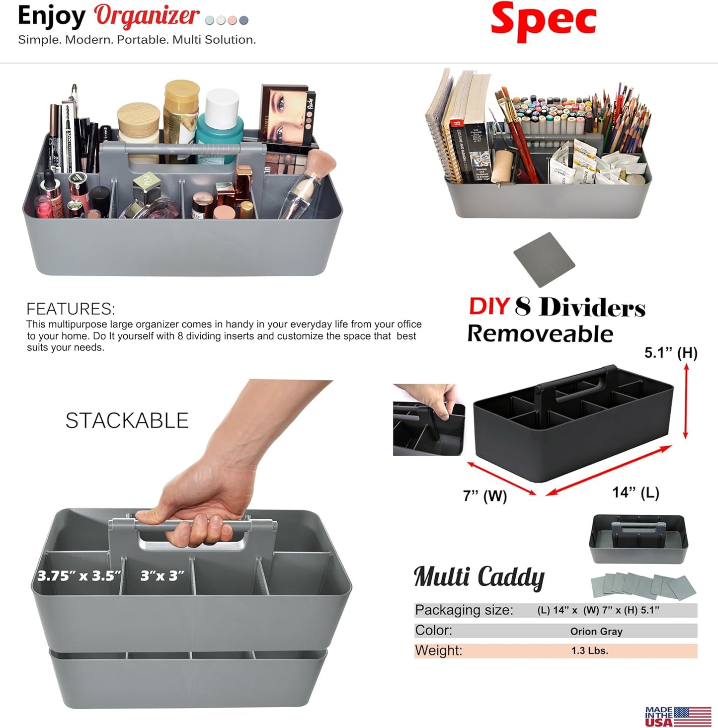 Portable Caddy Organizer - Stackable Plastic Caddy with Handle | Desk, Makeup, Dorm Caddy, Classroom Art Organizers (Made In Usa) (Mint/Pink/Lavender/Gray)