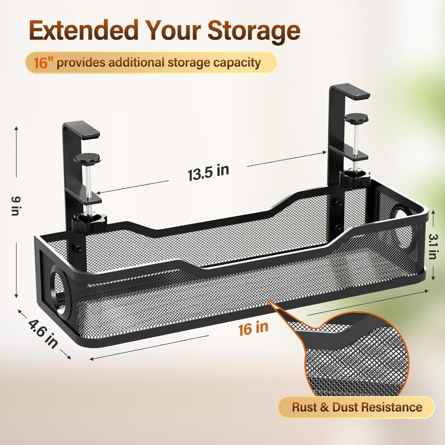 [Upgraded] 2 Pack Under Desk Cable Management Tray, Cinati Cord Organizers for Table Thickness up to 3", 16" Wire Organization with Clamp No Drill, Cable Management Box for Office - No Damage to Desk