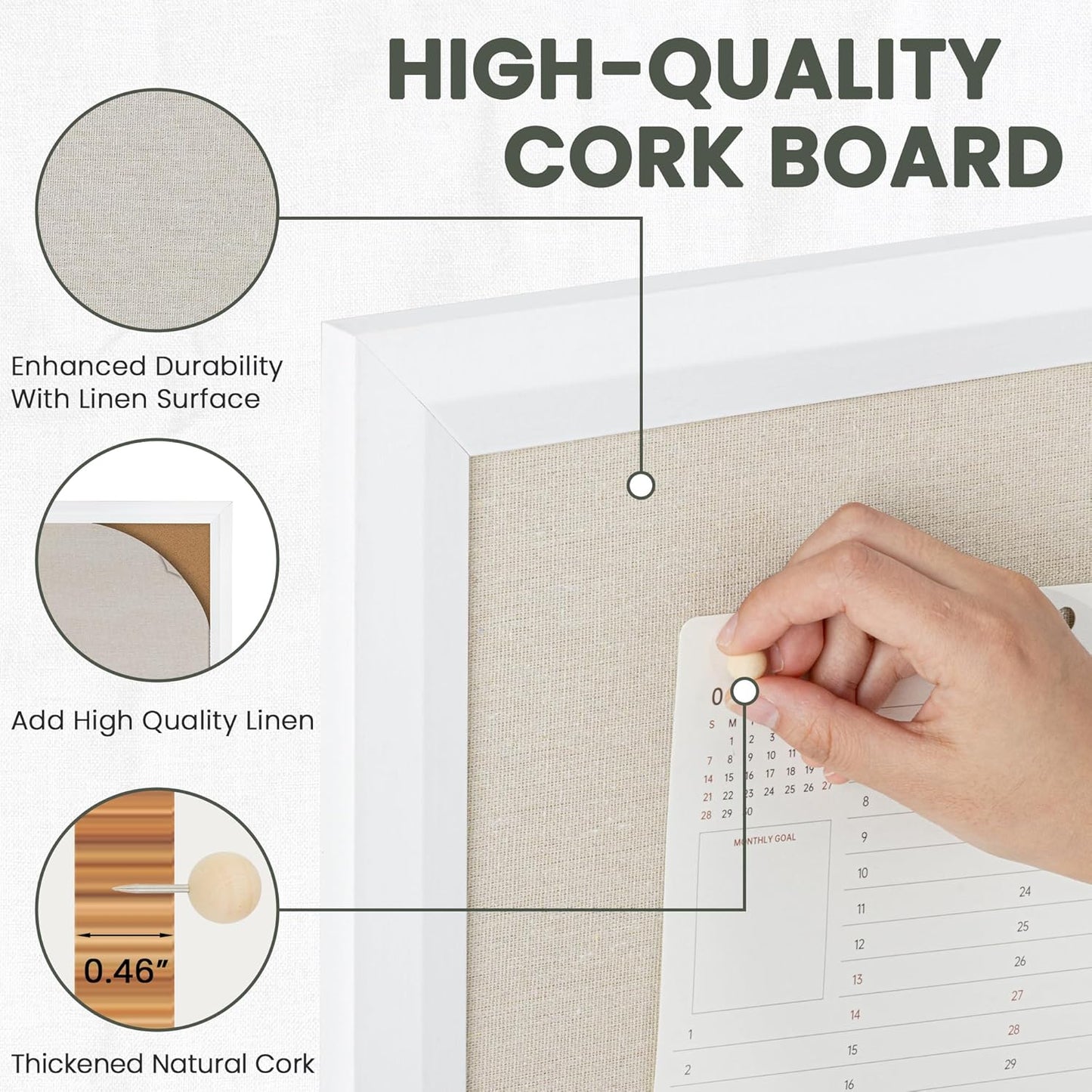 Bulletin Board Cork Board with Linen, 100% Wood Framed 30" x 20" Bulletin Board Decorations, Pin Boards for Walls, Wall Mounted Fabric Picture Board with 10 Pushpins for School, Home & Office, White