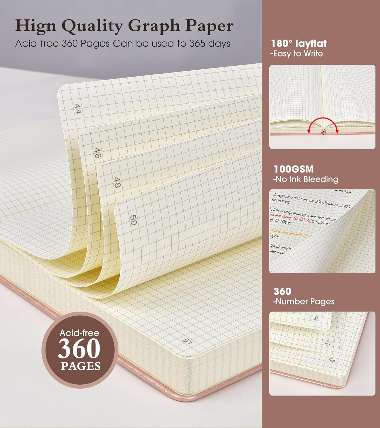 Graph Paper Notebook Journal, 360 Numbered Pages Grid Notebooks, Thick 100gsm Graphing Paper Notebook Journals for Women Men, B5 Large Hardcover Leather Graph Notebook 7.6'' X 10'' Pink