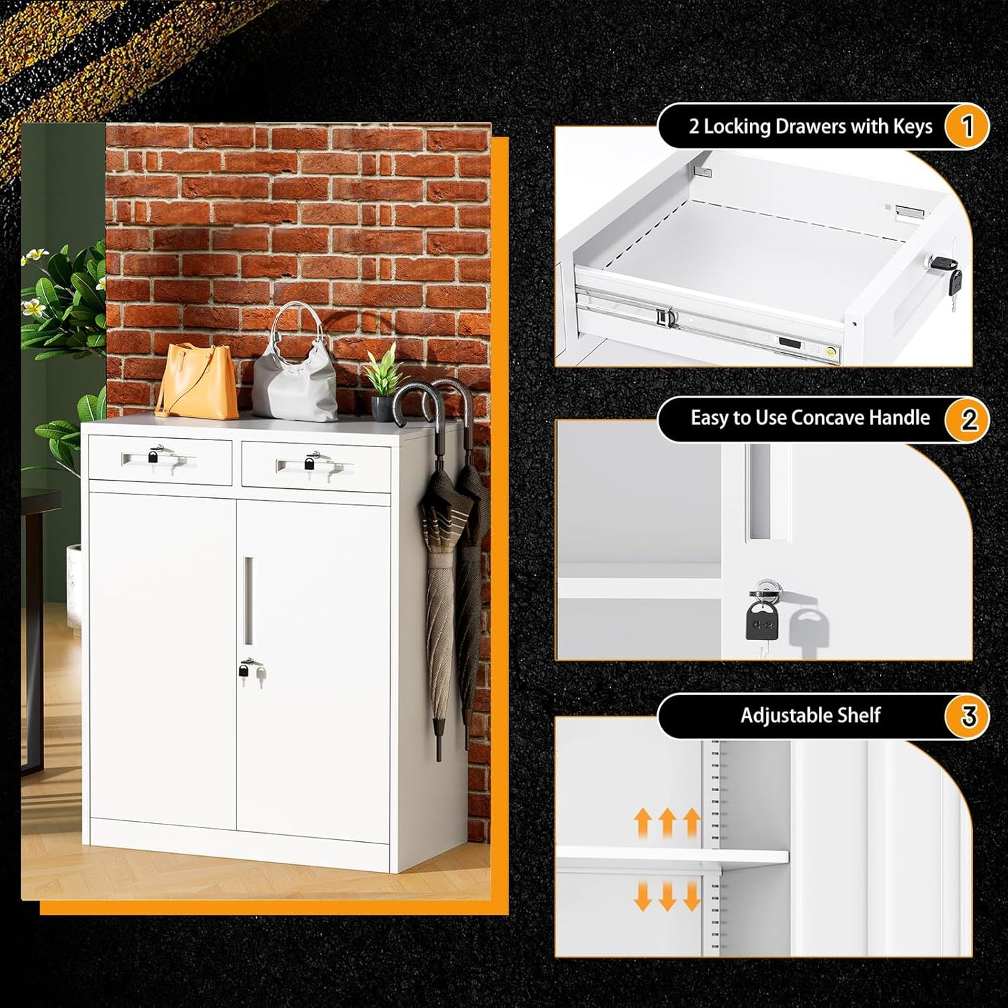 Greenvelly Metal Storage Cabinet, 42' White Steel Garage Cabinet with 2 Doors, Adjustable Shelves, Locking for Office, School or Tool Organization