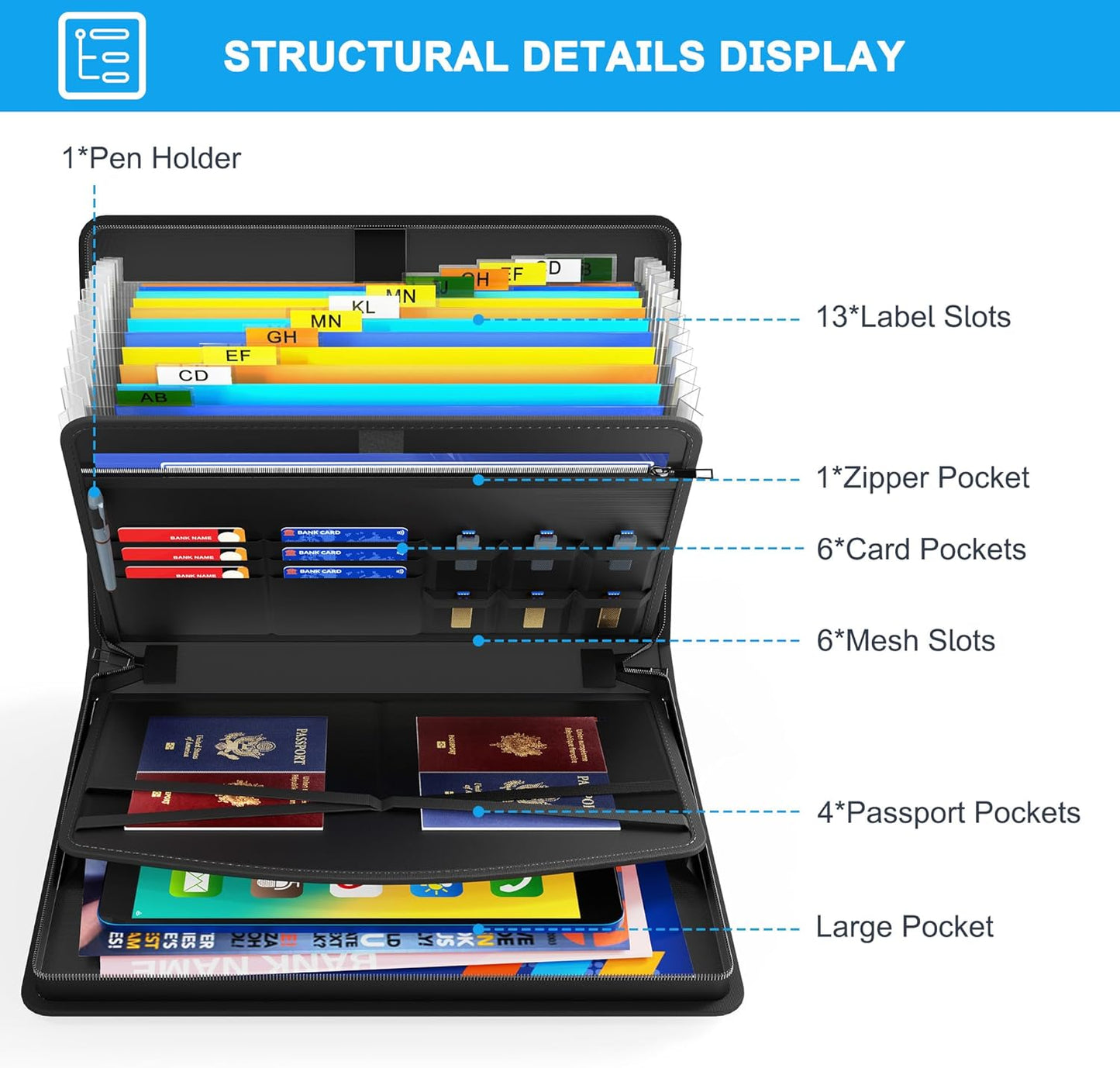 Hontom Fireproof Accordion File Organizer with Lock, 13 Pockets Expanding File Folder with Handle, Portable Business Document Organizer with Secure Storage for Letter A4 Files