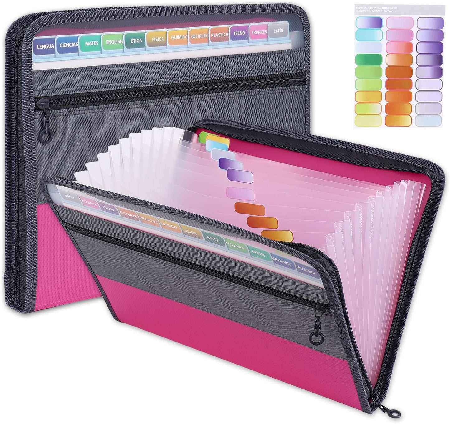 MEGREZ Expanding File Folder with 13 Pockets, A4 Paper File Folder with Zipper Color Labels, Waterproof Accordion File Folder Organizer for Home Office, Pink