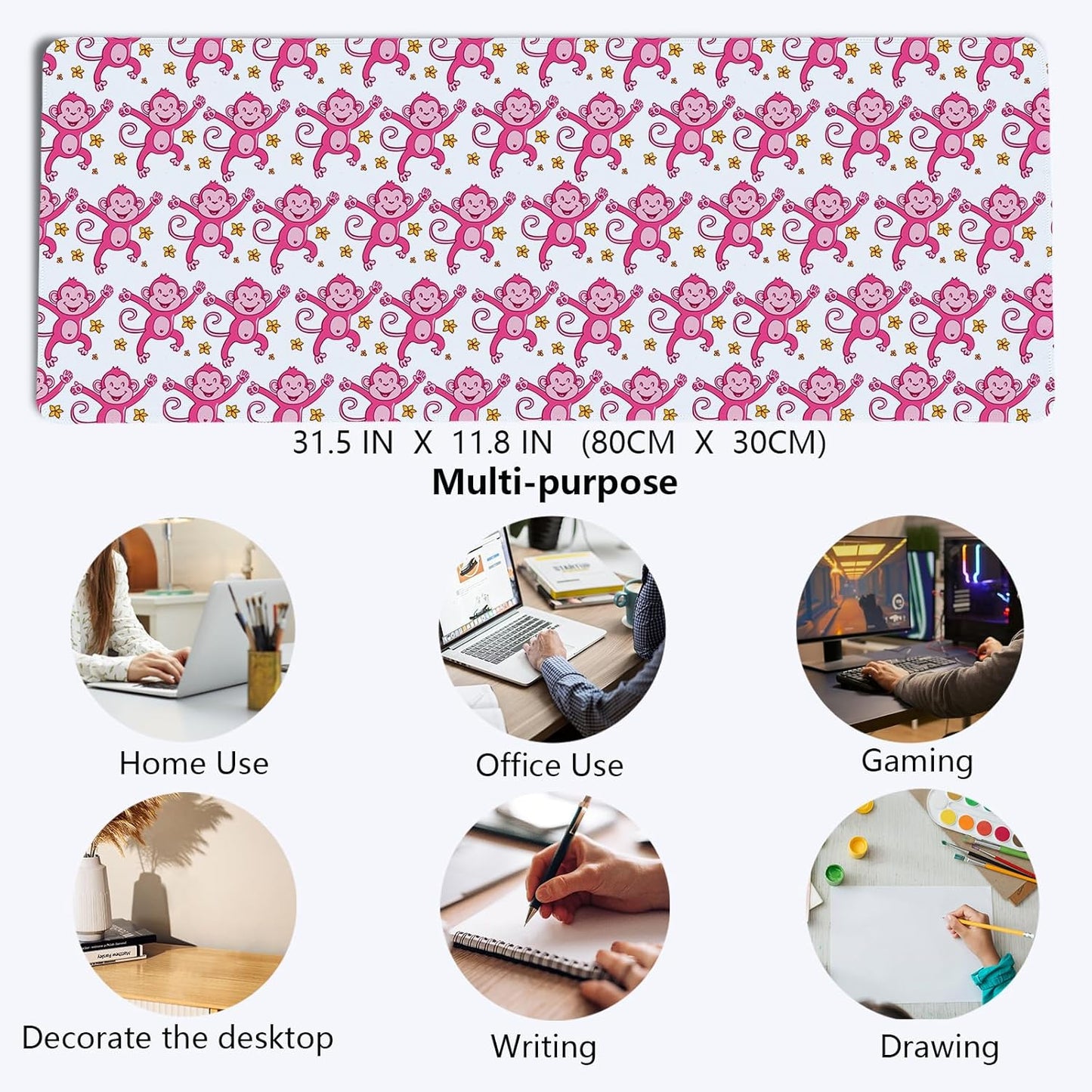 Cute Pink Monkey Mouse Pad,Pink Monkeys Decor for Girly Room Desk Mouse Pad,Preppy Girly Large Desk Mat for Dorm Home Office,Teen Girl Monkey Gifts,31.5x11.8 Inch