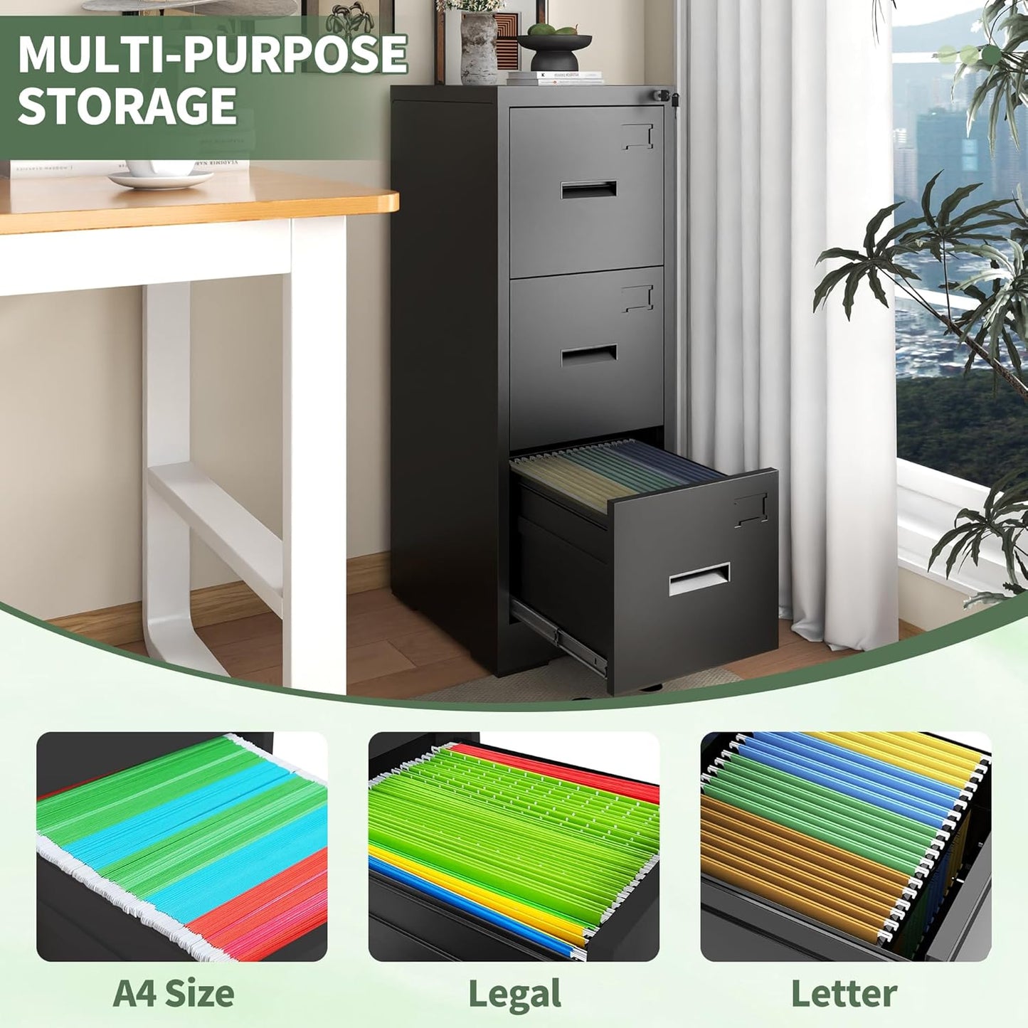 3-Drawer Locking Vertical File Cabinet, Metal Storage Cabinet for Office/Home – Secure Vertical Filing for Letter/Legal/A4/F4 Documents, Easy to Assemble Steel Cabinet, Black (Black, 3 Drawer-15W)