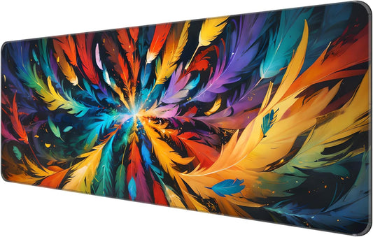 Dynippy Thin Extended Gaming Mouse Pad （31.5 * 11.8 * 0.08 inch） with Stitched Edges Large Mousepad Long XXL Keyboard and Mouse pad Desk Mat for Gaming Office & Home - Colored Feather