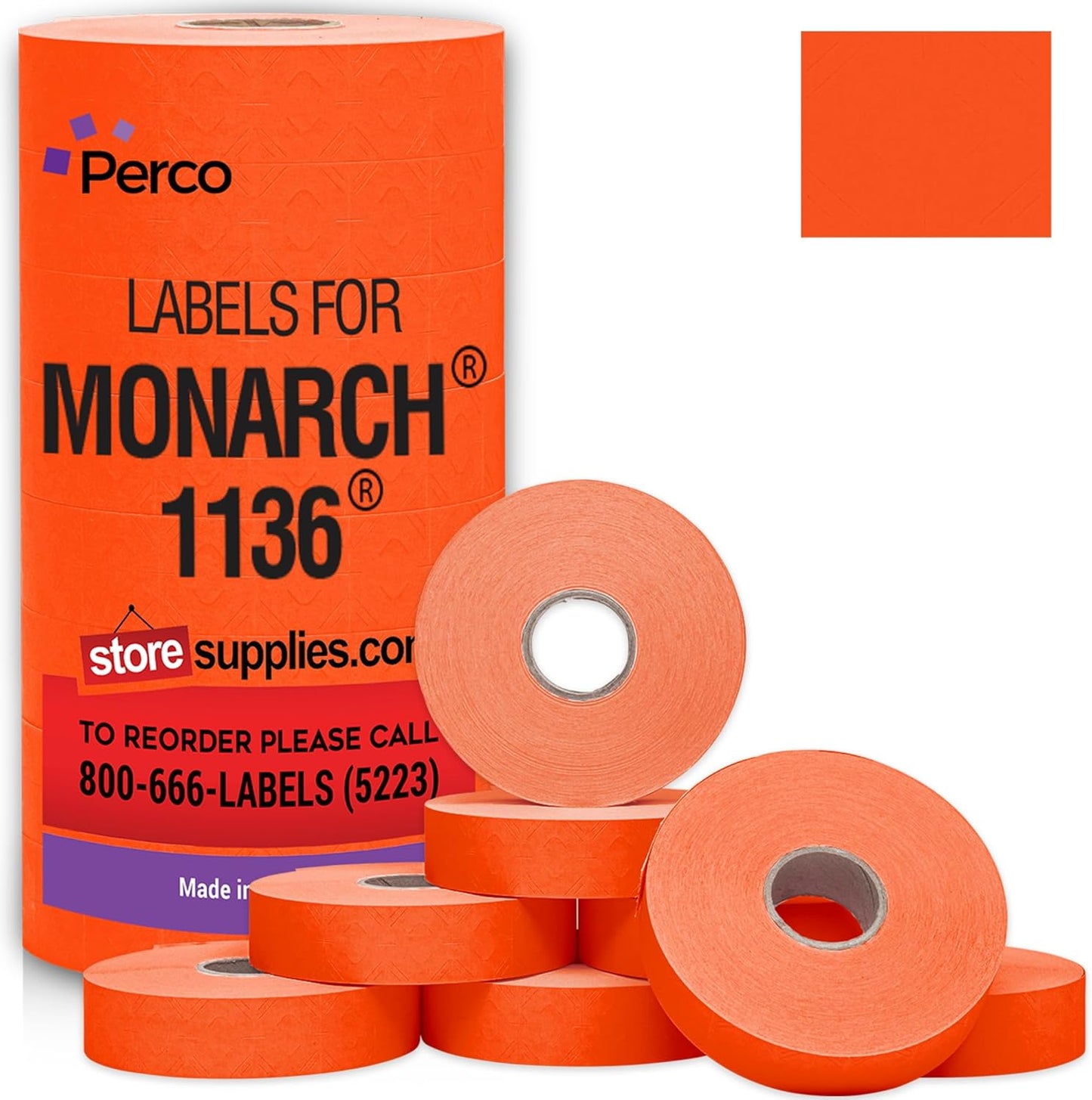 Perco Fluorescent Red Pricing Labels for Monarch 1136 Price Gun - 8 Rolls, 14,000 Pricemarking Labels