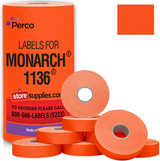 Perco Fluorescent Red Pricing Labels for Monarch 1136 Price Gun - 8 Rolls, 14,000 Pricemarking Labels