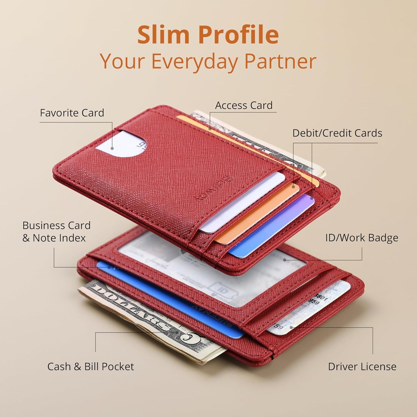 Buffway Slim Minimalist Front Pocket RFID Blocking Leather Wallets for Men and Women - Cross Red