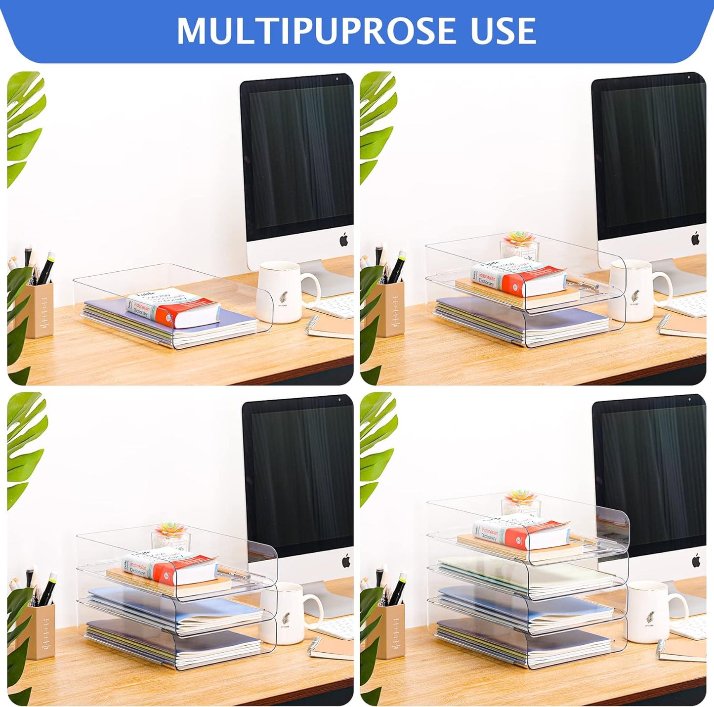 Set of 4 Office Organization and Storage, Clear PET Letter Tray Desk Organizer, Stackable Paper Tray Organizer for Desk Accessories, Notes, Pens, File Paper, Document