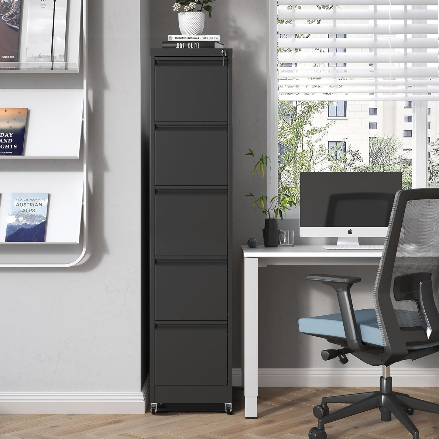 5 Drawer Mobile File Cabinet, Metal Filing Cabinet with Lock and Wheels, Home Office Rolling File Cabinets for Legal/Letter Hanging File Folders, Un-Assembled (Black)