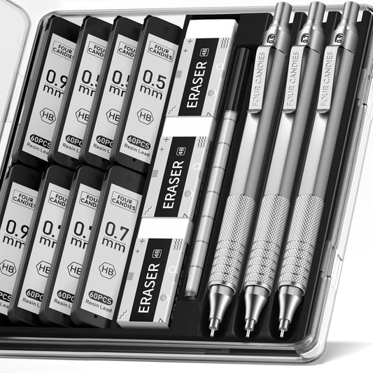 Four Candies Metal Mechanical Pencil Set, 3PCS Artist Lead Pencil 0.5mm & 0.7mm & 0.9mm with 480PCS HB Lead Refills, 3 Erasers, 9 Eraser Refills For Engineer Art Writing Drawing Drafting, Silver