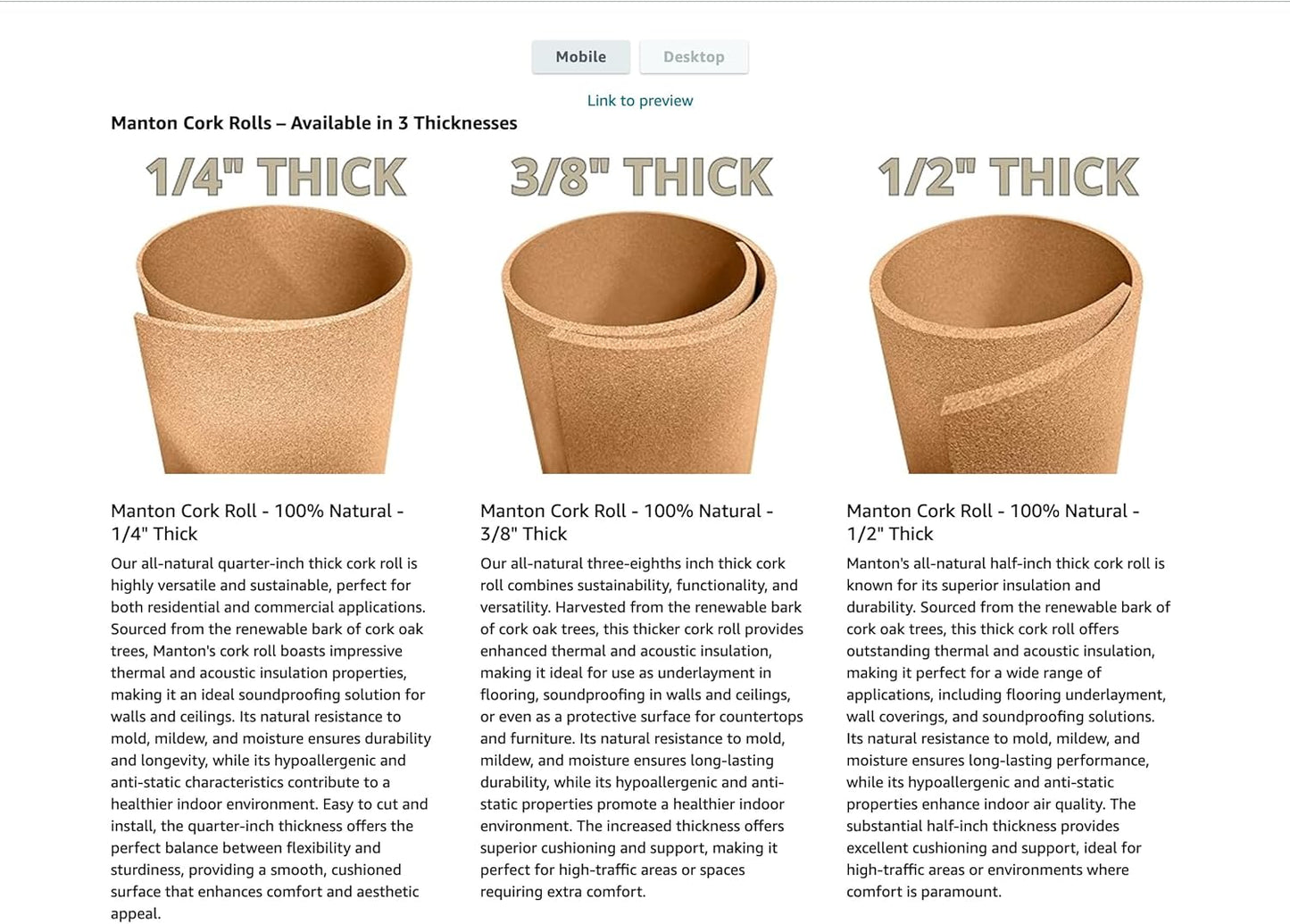 Manton Cork Premium Cork Roll - 3’ x 25’ x 1/4”, 100% Natural Facing Grade Material, Custom Cut Cork for Home, School, and Office Walls & Bulletin Boards