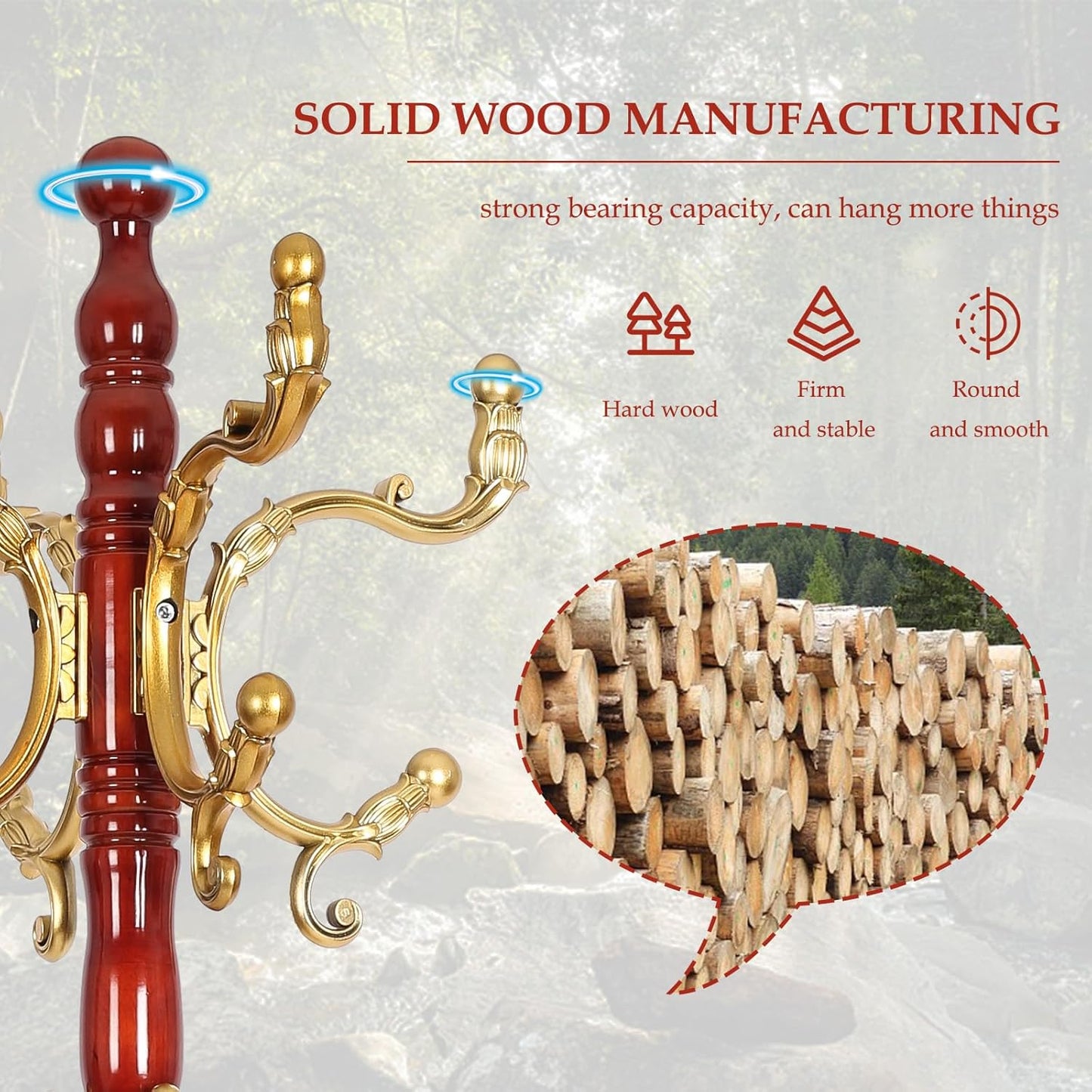 Wood Coat Rack Freestanding, Natural Coats Tree Stand with 14 Hooks, 73" Sturdy and Easy Assembly Coat Rack Stand for Entryway, Hallway, Bedroom, Bags, Hats (Heavy-duty Disc Base, Golden)