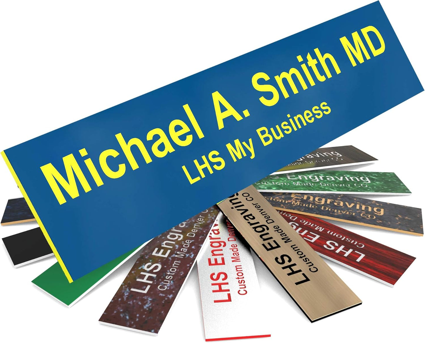 Engraved Door Signs for Office Personalized Blue Plastic Door Plaque with Yellow Letters - Made in USA 2x12 B20