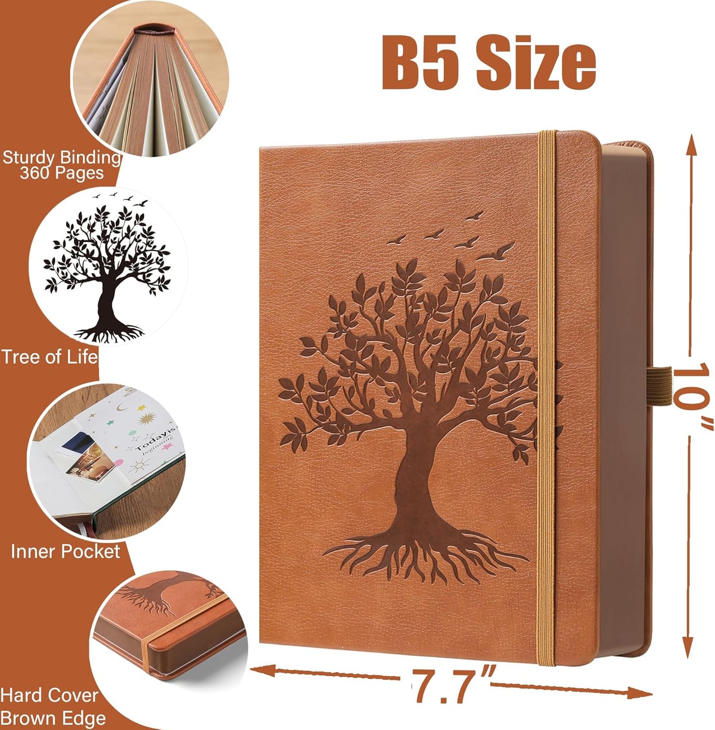 ZXHQ B5 360 Pages Lined Journaling Notebooks with Pen, Journals for Women Men Writing Notebook, Tree of Life Design, Brown Edge, Fine Inner Pocket - Light Brown