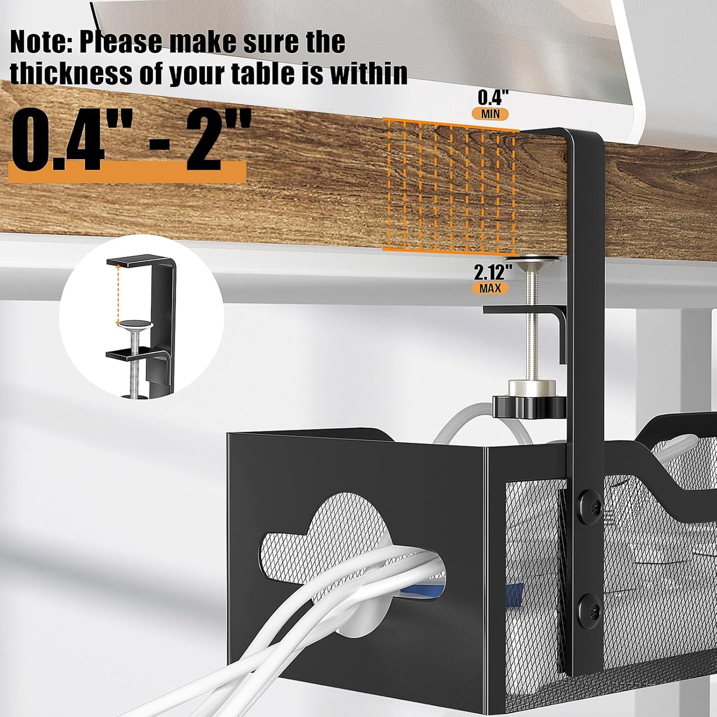 2-Pack Under Desk Cable Management Tray 13.38", Quszmd Cable Organizer No Drill, Standing Cord Organizer and Wire Management Tray - No Damage to Desk, Black