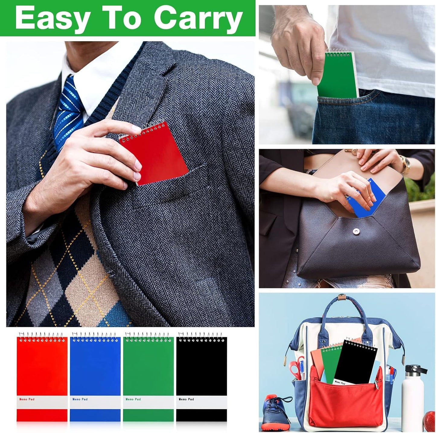 Thenshop 100 Pads Spiral Memo Bulk 3'' x 5'' Top Bound Memo Book 60 Sheets Small Mini Notebooks Lined Wire Bound Pocket Steno Book for Home, Office, School (Black,Green,Dark Blue,Red)