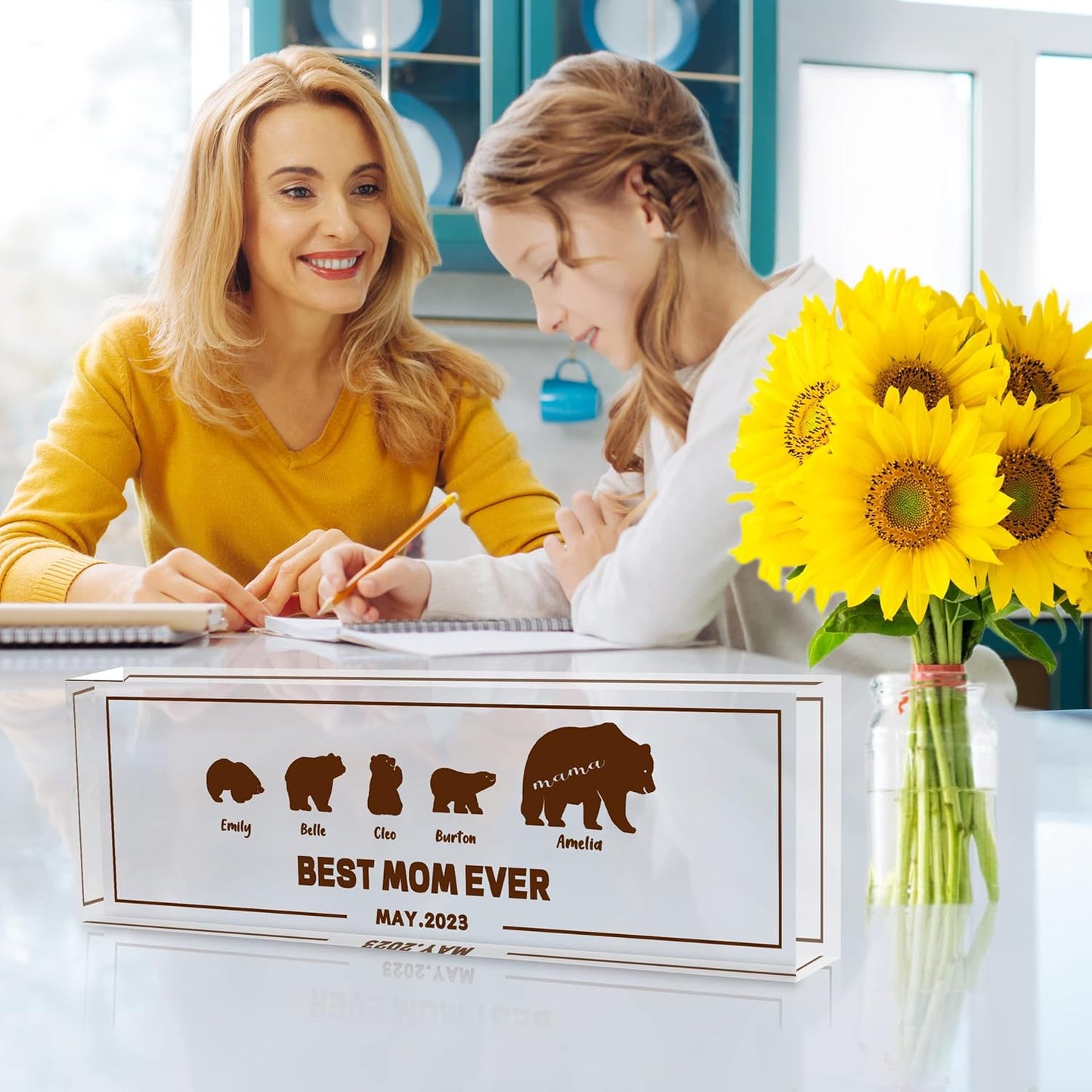 Personalized Office Desk Accessories Gift Mama Bear Family Sign with Names Text Date,Custom Mothers Day Gift from Daughter Son,Clear Glass Acrylic Desk Decor Desk Decorations for Women Office…