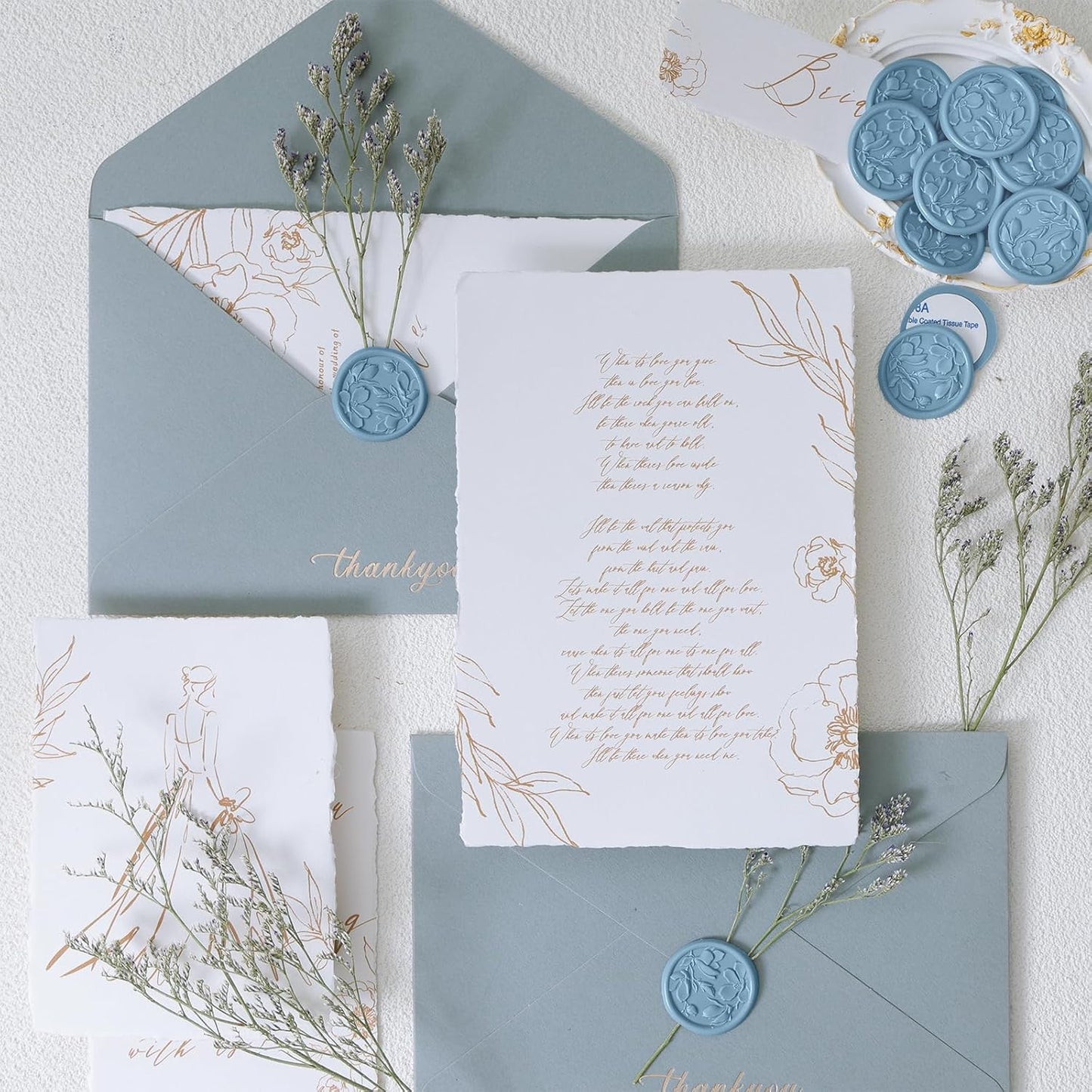 UNIQOOO Wax Seal Stickers - 3D Magnolia Wedding Invitation Envelope Botanical Seal Stickers, 50 Pcs Self- Adhesive Dusty Blue Stickers, Perfect for Invitation, Christmas, Gift Wrapping, Party