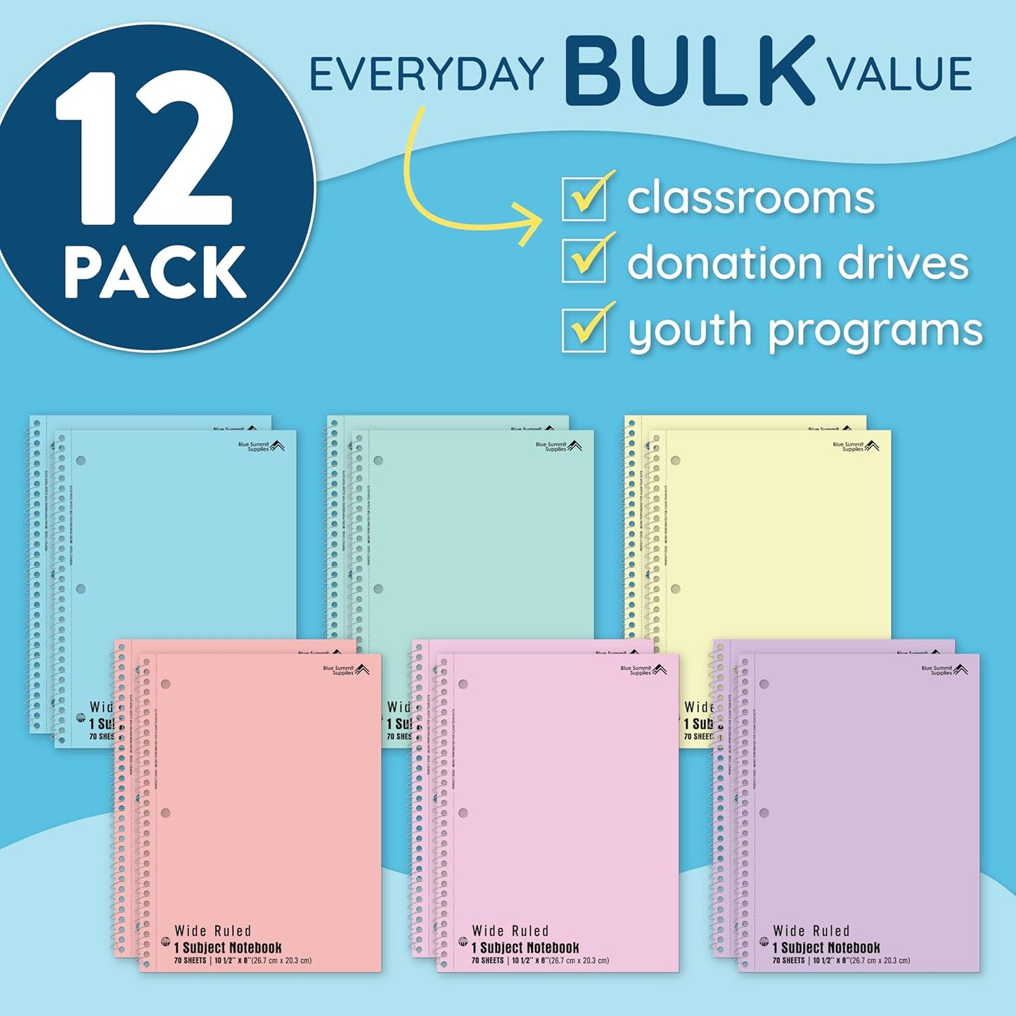 Blue Summit Pastel Spiral Notebooks, 1 Subject Pastel Notebooks Wide Ruled, Paper School Bulk Notebook, 12 Pack