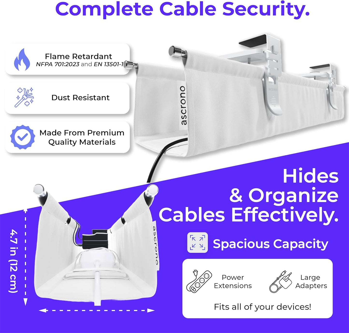 Original No Drill Under Desk Cable Management Tray 40.6" - Premium White Fabric Cable Management Under Desk - Clamp/Screw Mount Cord Organizer - Supports Upto 66lbs - Large