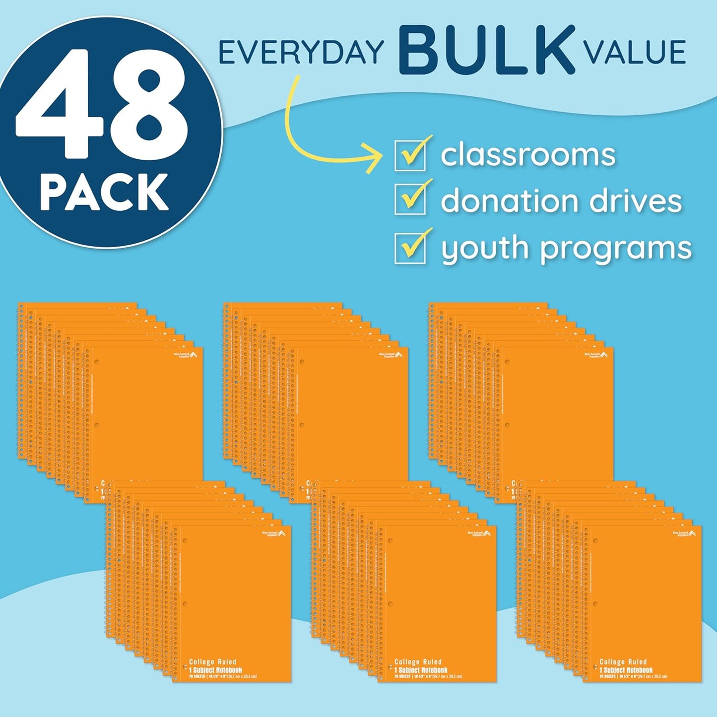 Blue Summit Orange Spiral Notebooks Bulk, One Subject Spiral Notebook College Ruled, Perforated Notebook, 8 x 10.5 for Work and School, Paper, College Ruled, Bulk 48 Pack