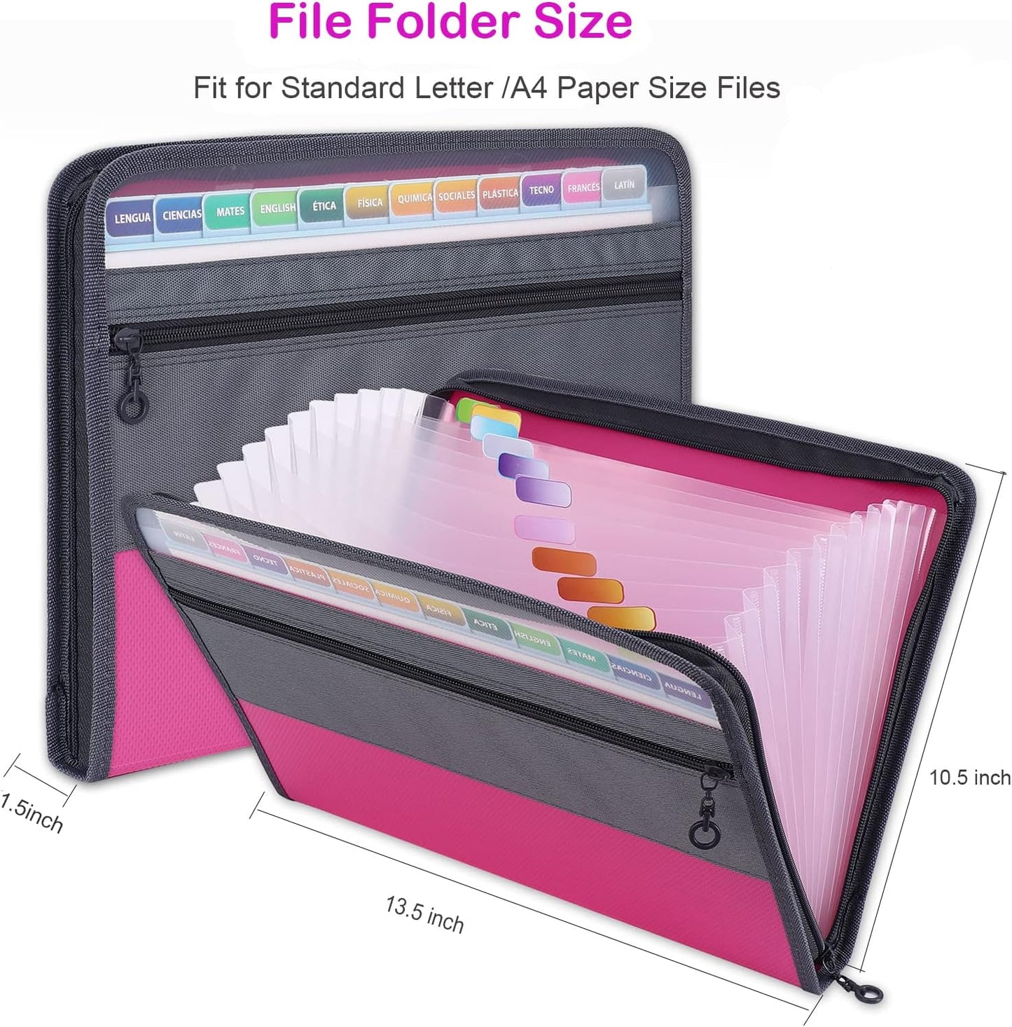 MEGREZ A4 Paper File Folder with 13 Pockets, Accordion File Folder with Zipper File Folder Organizer for Office, Waterproof Expanding File Folder with Tabs, Pink & Blue(2 Packs)