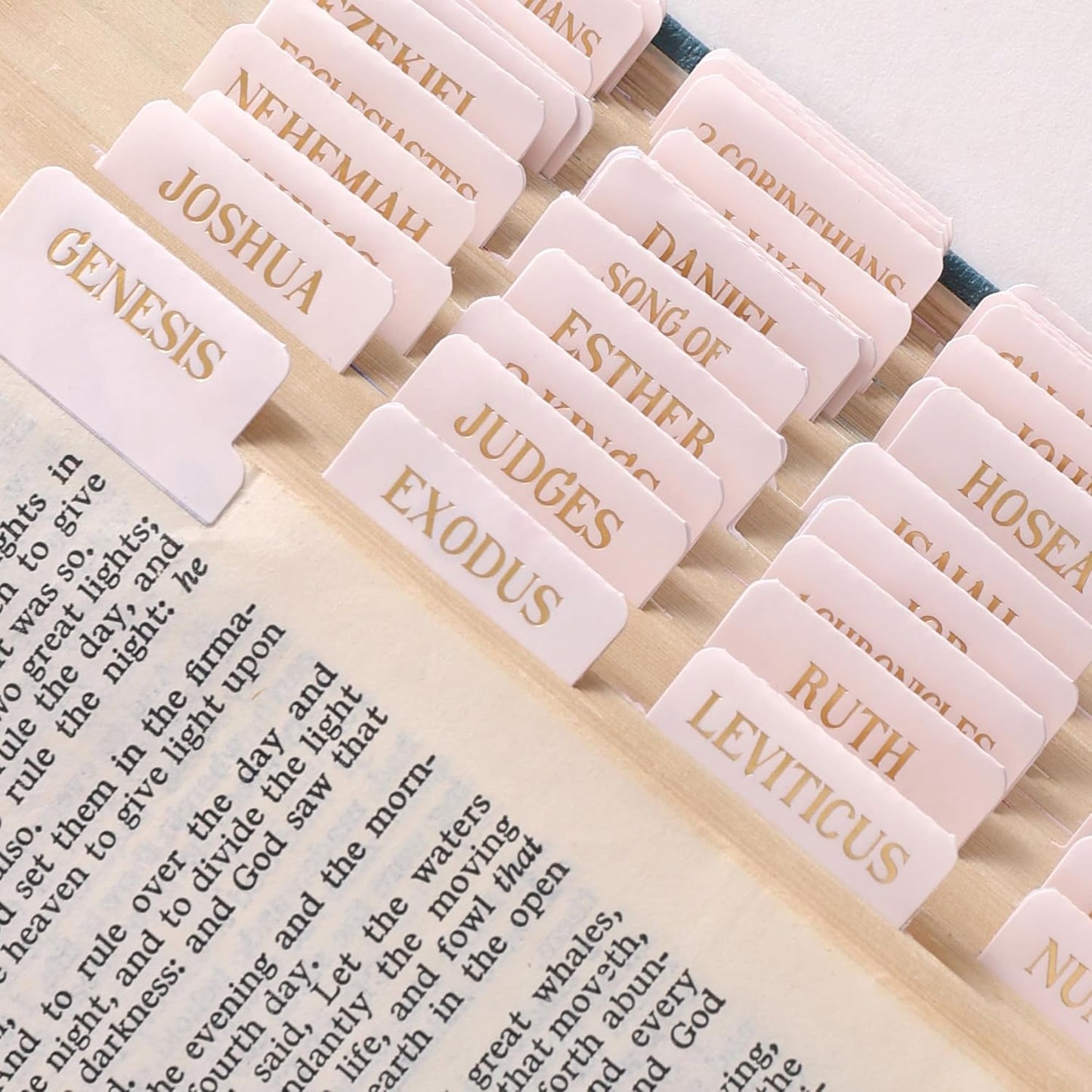 Laminated Bible Tabs, Gold Foil Embossed Lettering Bible Chapter Index Tabs for Women Men, Reposition Large Print Sticky Labels, Easy to Read and Apply, 105Chapters Labels for Easy Navigation (Creamy)