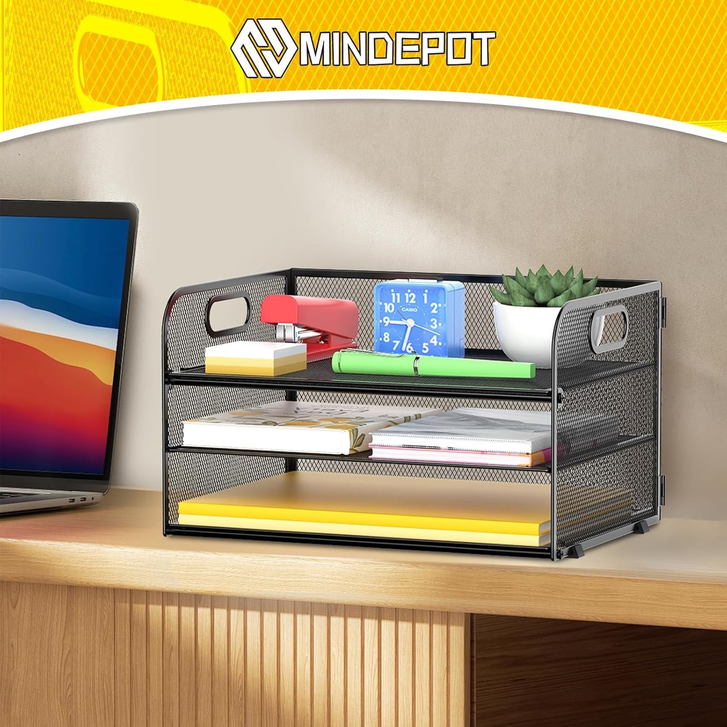 3-Tier Paper Letter Organizer Tray with Handle, Mesh Desk File Organizer for Office, Home, School - 2 Pack, Black