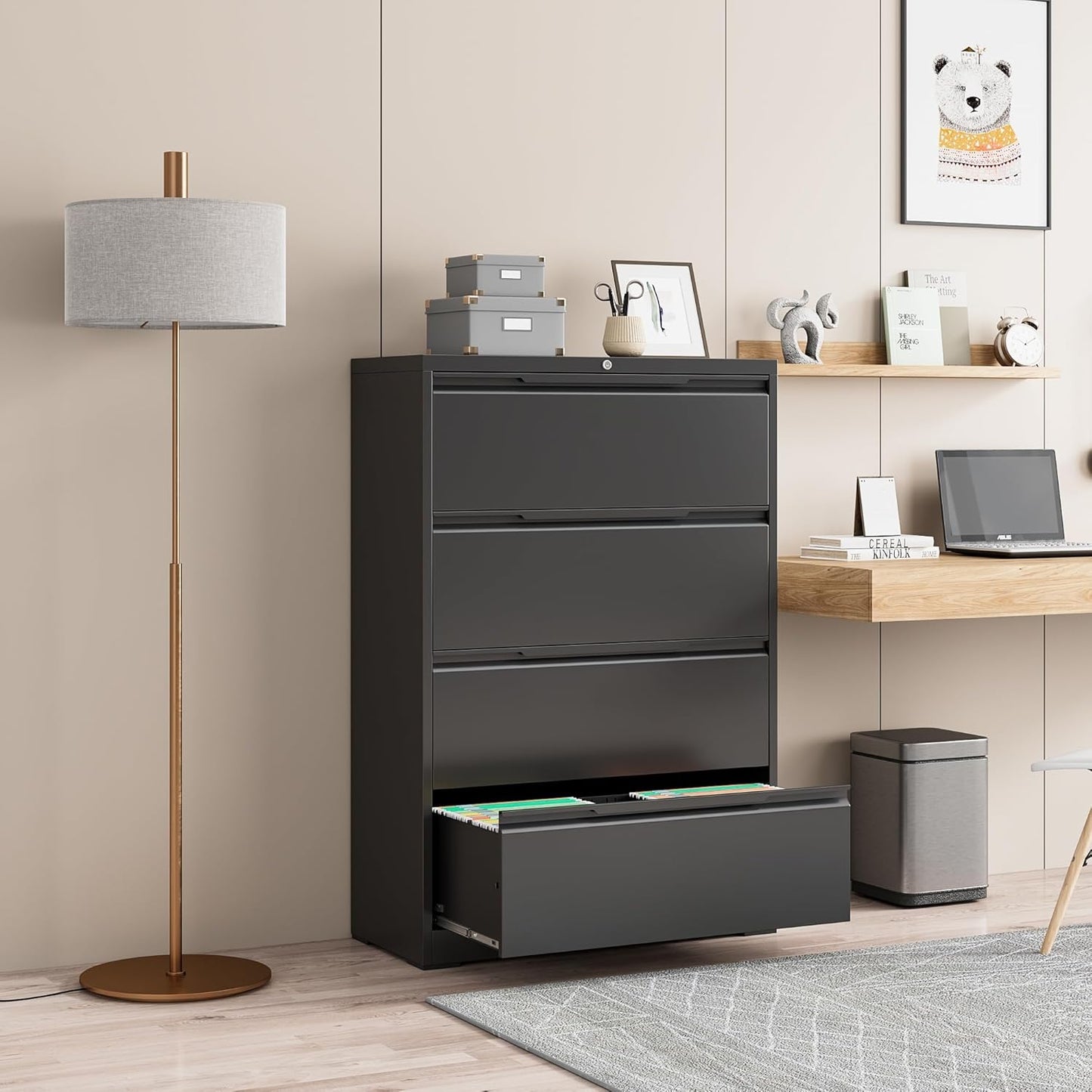 File Cabinet, 4 Drawer Metal File Cabinet with Lock, Lateral File Cabinet for Home and Office, Lateral File Cabinet for A4 Legal/Letter Size, Assembly Required (Black, 4 Drawer)