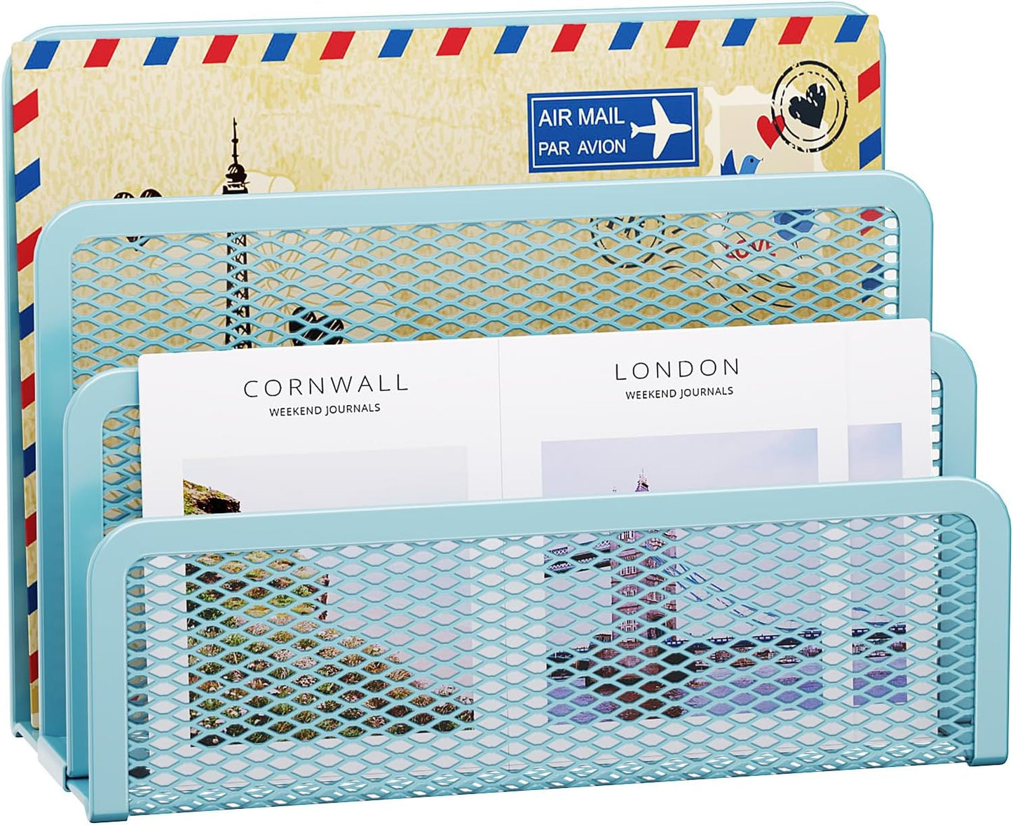 Marbrasse Mail Organizer for Desk, 3-Slot Mesh Metal Mail Holder countertop, Letter Holder, Office Desktop Envelope and Document Storage Rack (Blue)