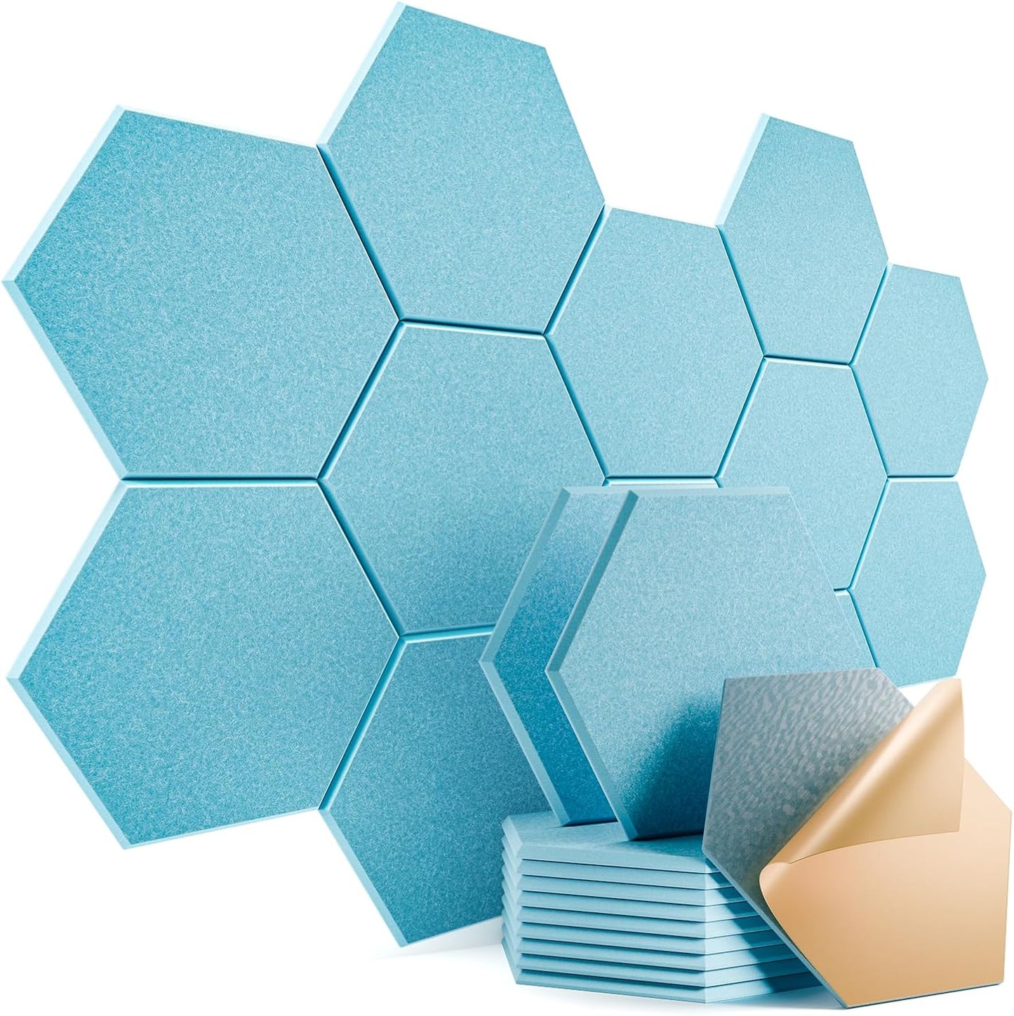 12 Pack Self-adhesive Acoustic Panels 12" X 10" X 0.4" - Sound Proof Foam Panels with High Density, Stylish Hexagonal Design, Flame Resistant, Absorb Noise and Eliminate Echoes(Light Blue)