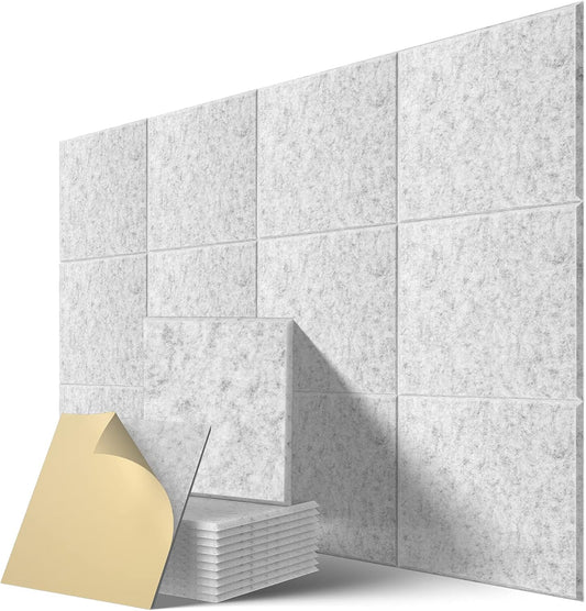 12 Pack Self-Adhesive Acoustic Panels, 12" X 12" X 0.4" High-Density Polyester Sound Proof Foam Panels for Walls, Soundproof Wall Panels for Home & Office (Sliver Gray)