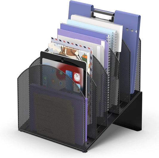 Desk File Organizer, Vertical File Folder Organizer with 5-Section, Document & Record Holder and Storage for Home Office School, Black
