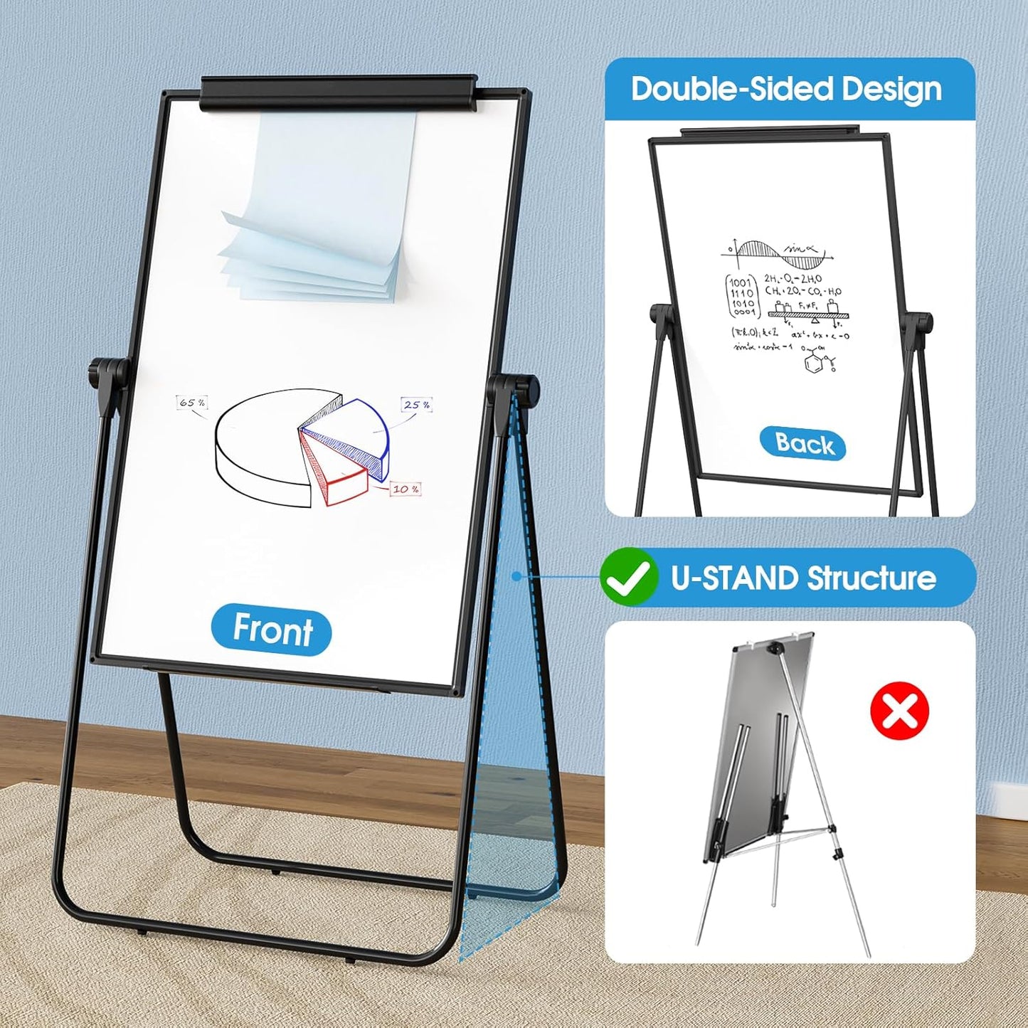 MaxGear Large White Board Easel Stand, 40" x 28" Double Sided Dry Erase Board with Stand, Height Adjustable and 360 Degree Rotation Classroom Easel for School, Home & Office Flip Chart Stand