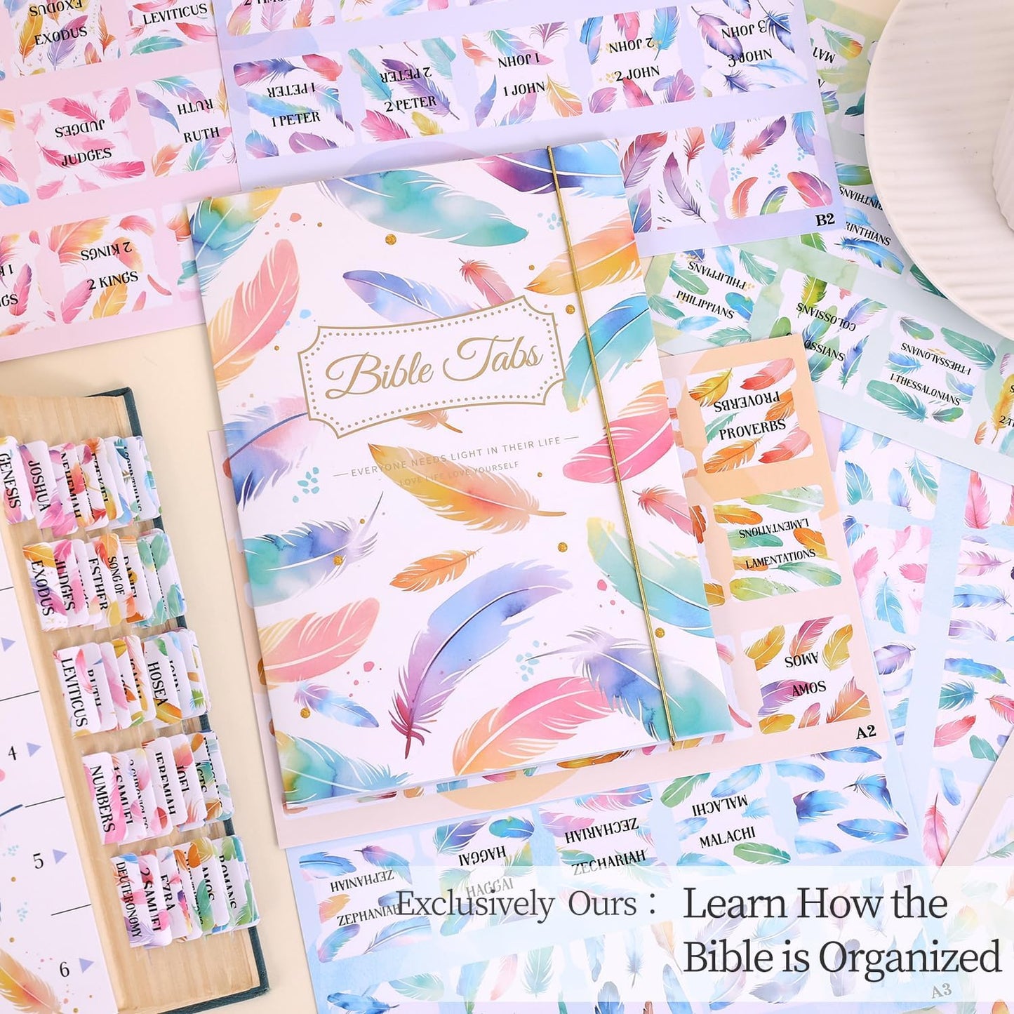 Bible Tabs For Women, 66 Large Print Laminated Bibles Chapters Index Tabs and 39 Blank Dividers Sticky Labels, Cute Beauty Feather Bible Study Supplies, Journaling Accessories, Christian Gifts for Men